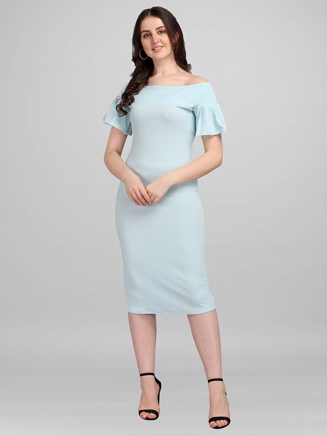 

PURVAJA Blue & ice flow Off-Shoulder Bodycon Midi Dress