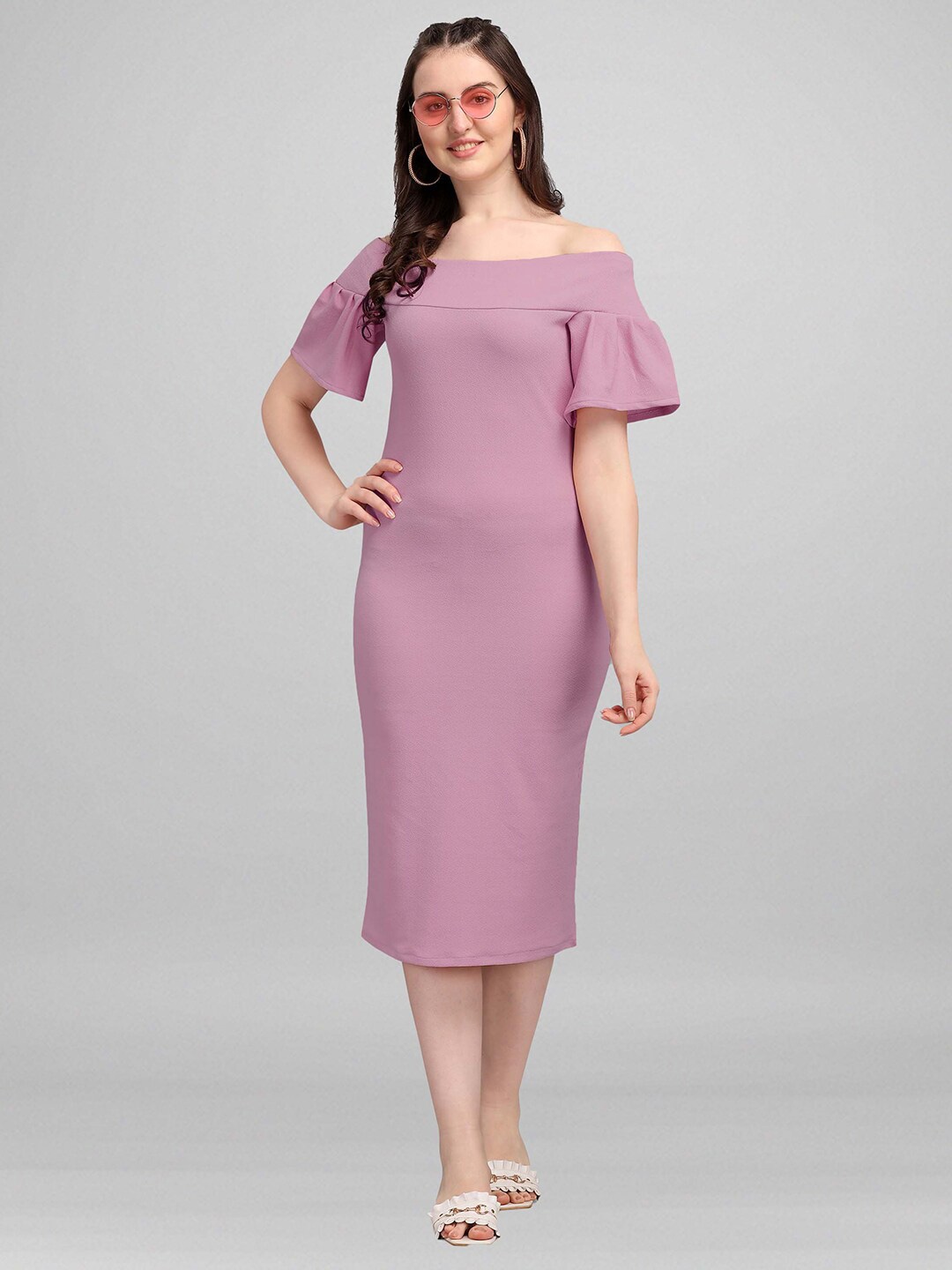 

PURVAJA Violet & keepsake lilac Off-Shoulder Bodycon Midi Dress