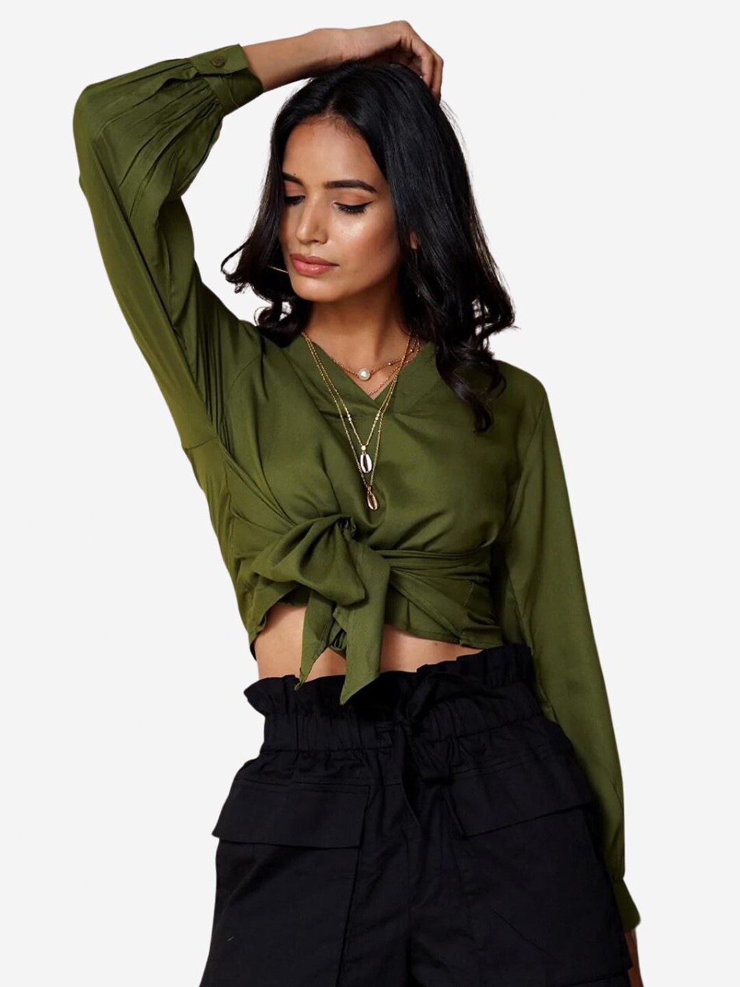 

Alaya By Stage3 Olive Green Shirt Style Crop Top