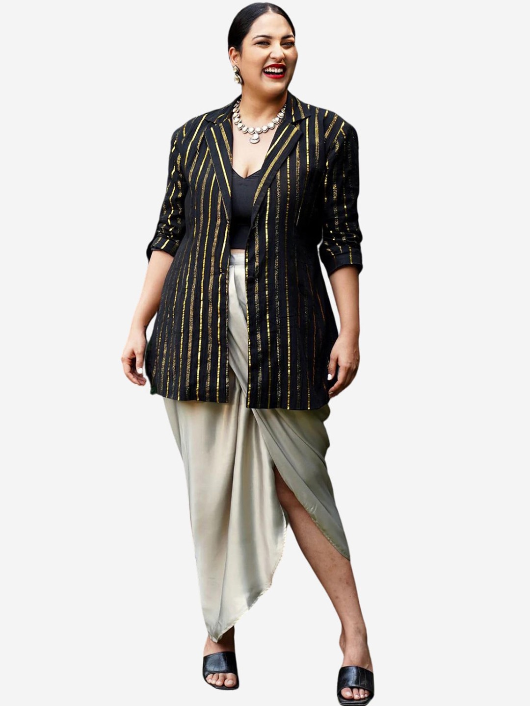 

Alaya By Stage3 Women Black & Gold Striped Lurex Blazers