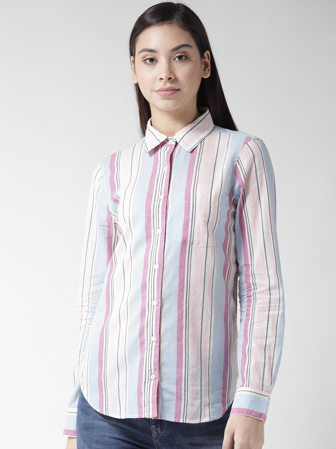 

Aeropostale Women Pink & Blue Regular Fit Striped Casual Shirt