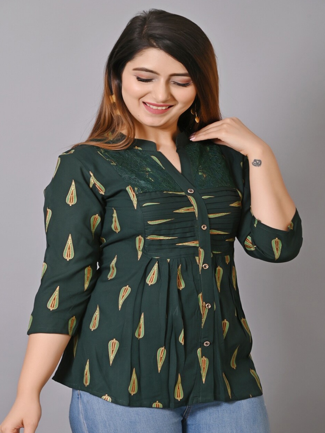

IQRAAR Green Print Mandarin Collar Top