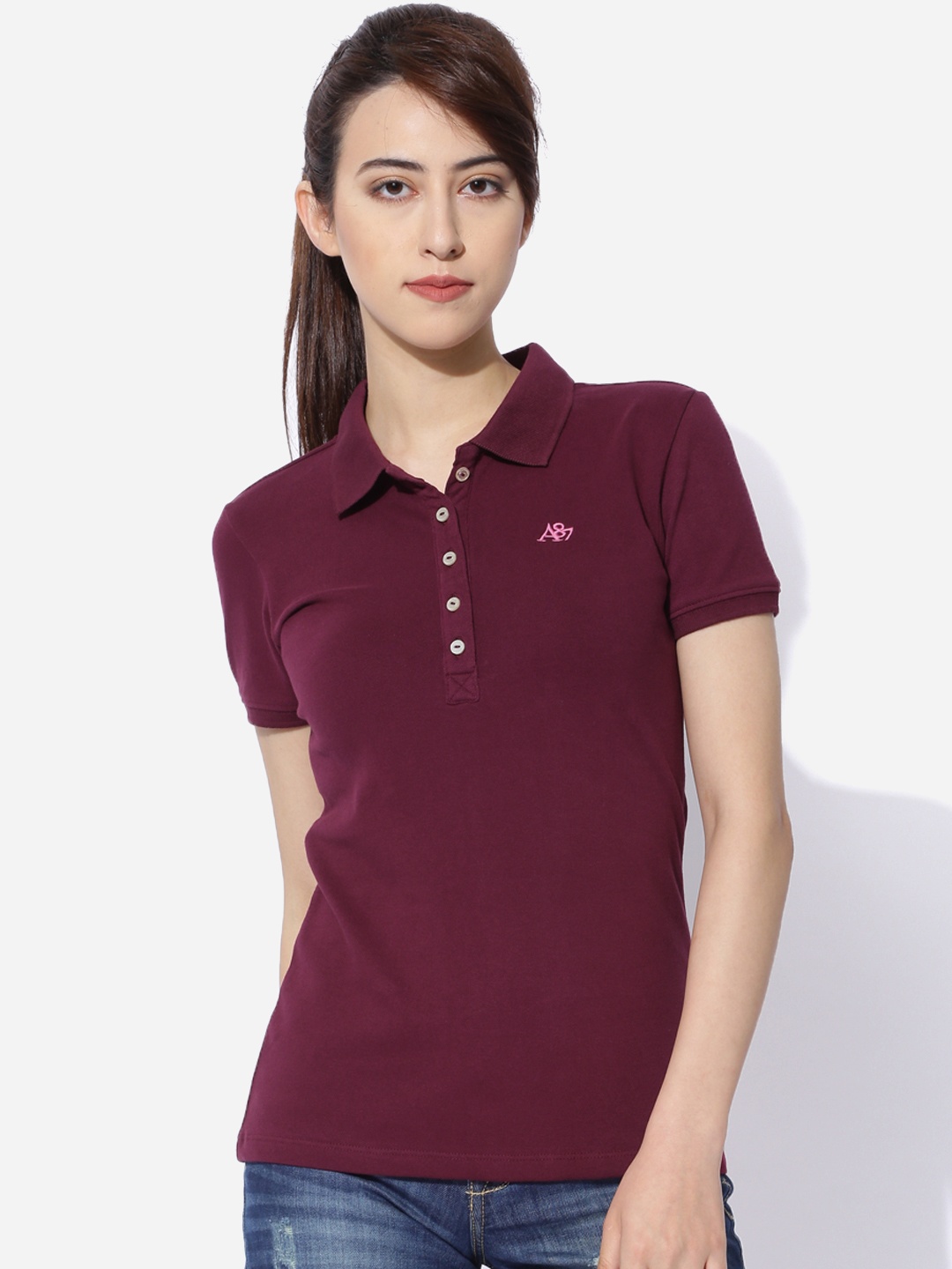 

Aeropostale Women Burgundy Solid Polo T-shirt