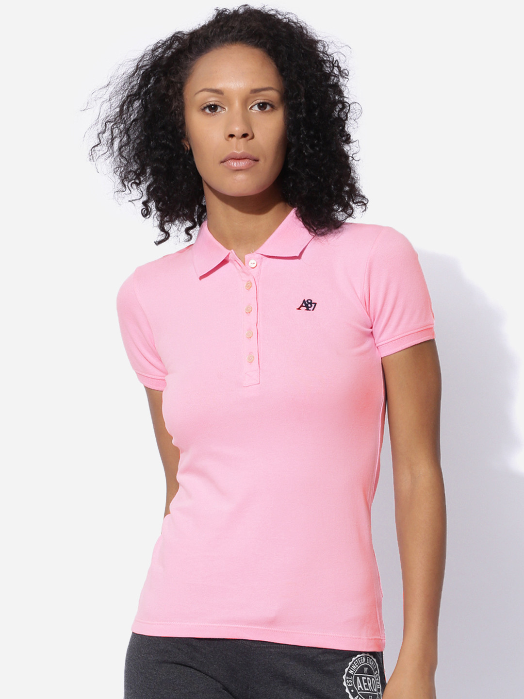 

Aeropostale Women Pink Solid Polo T-shirt