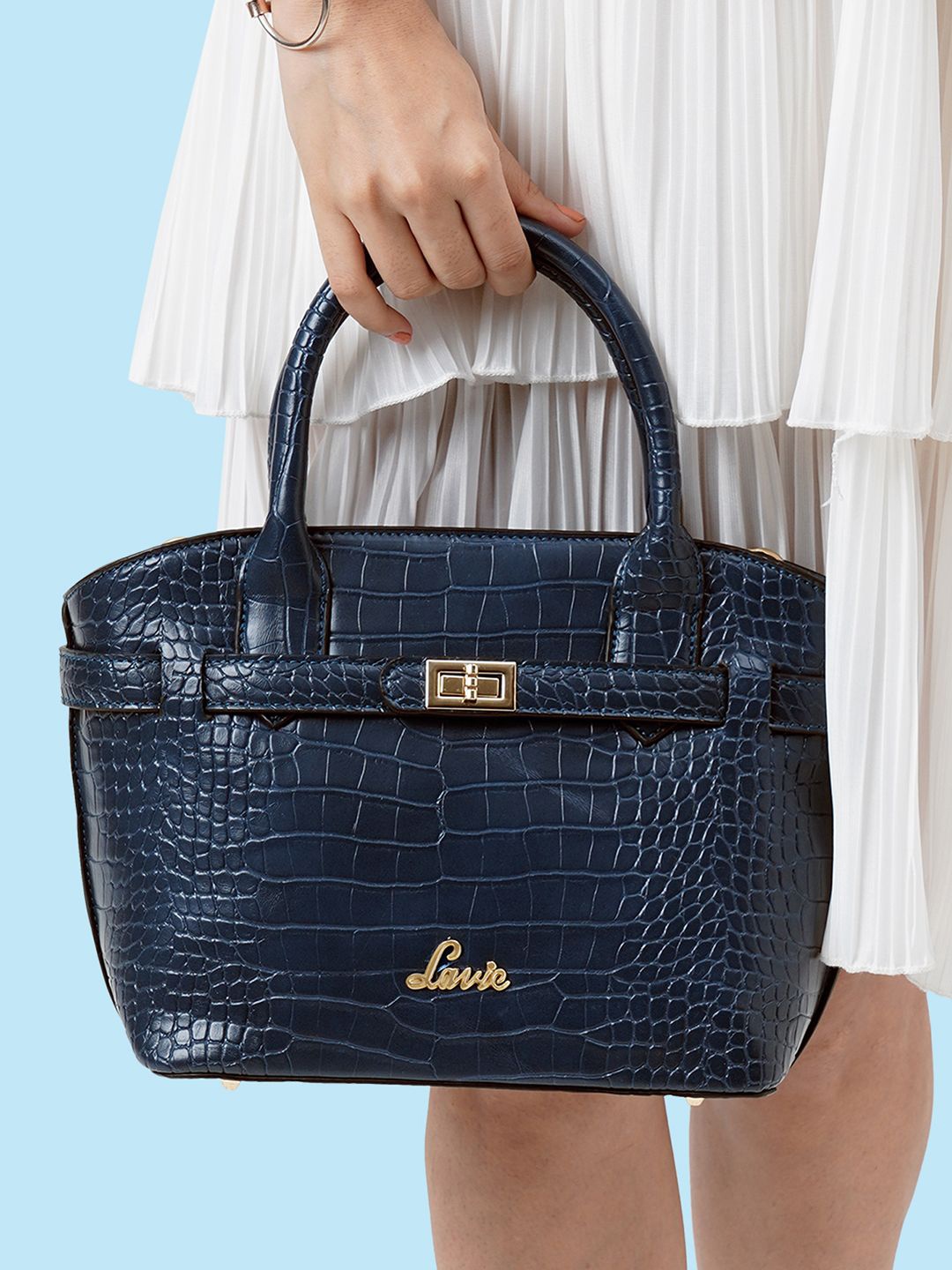 

Lavie Glossy Fallon Navy Blue Animal Textured Structured Handheld Bag with Buckle Work