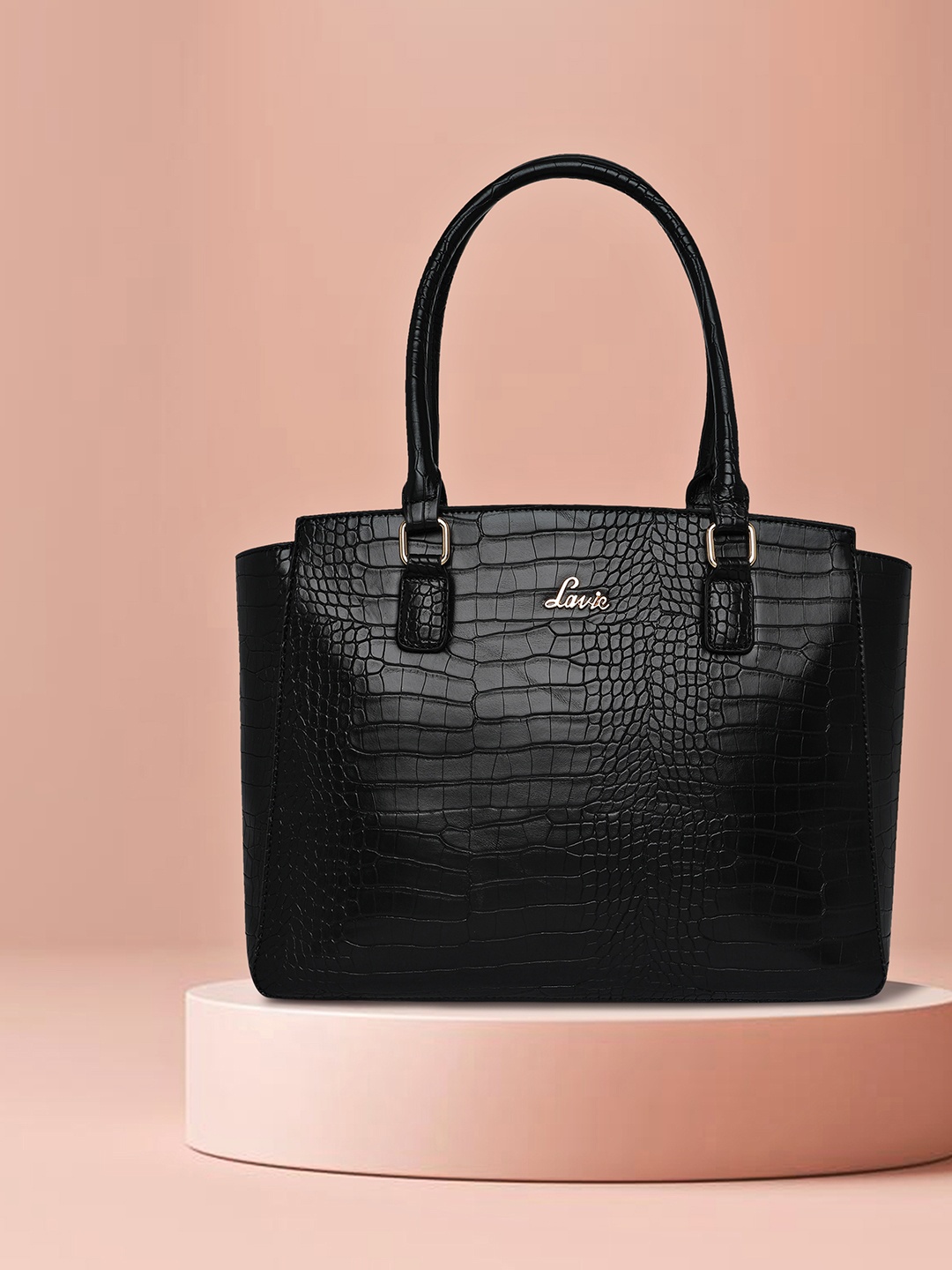 

Lavie Glossy Kaley Black Animal Textured Structured Laptop Handheld Bag