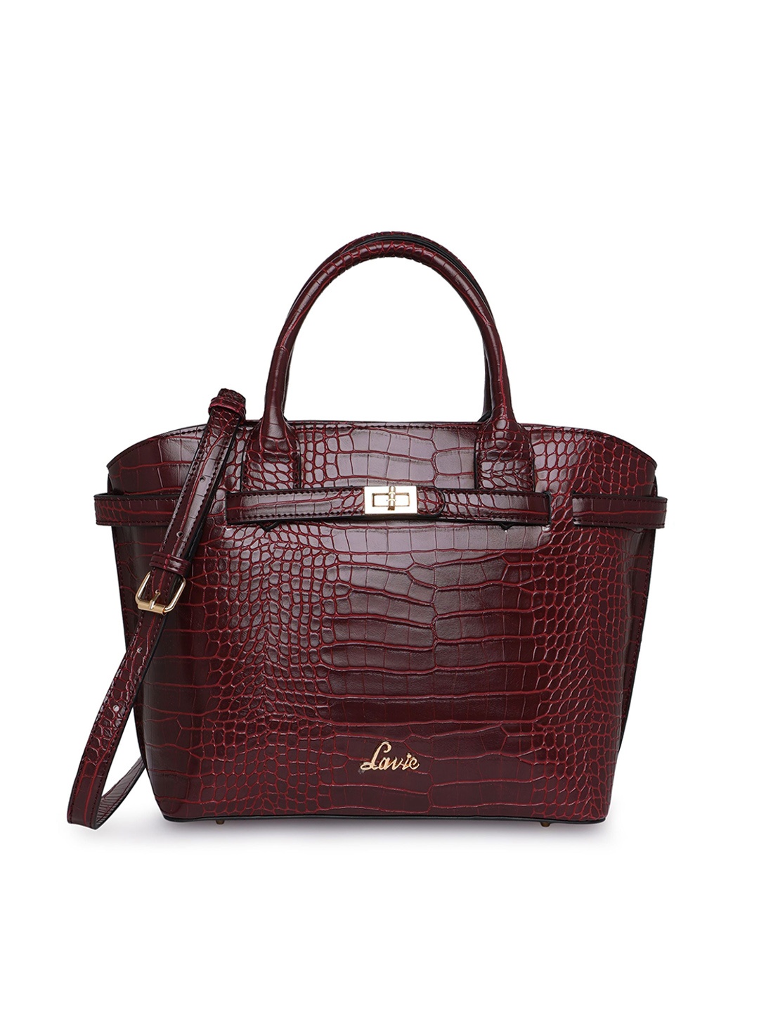 

Lavie Glossy Fallon Maroon Animal Textured Structured Handheld Bag with Buckle Detail