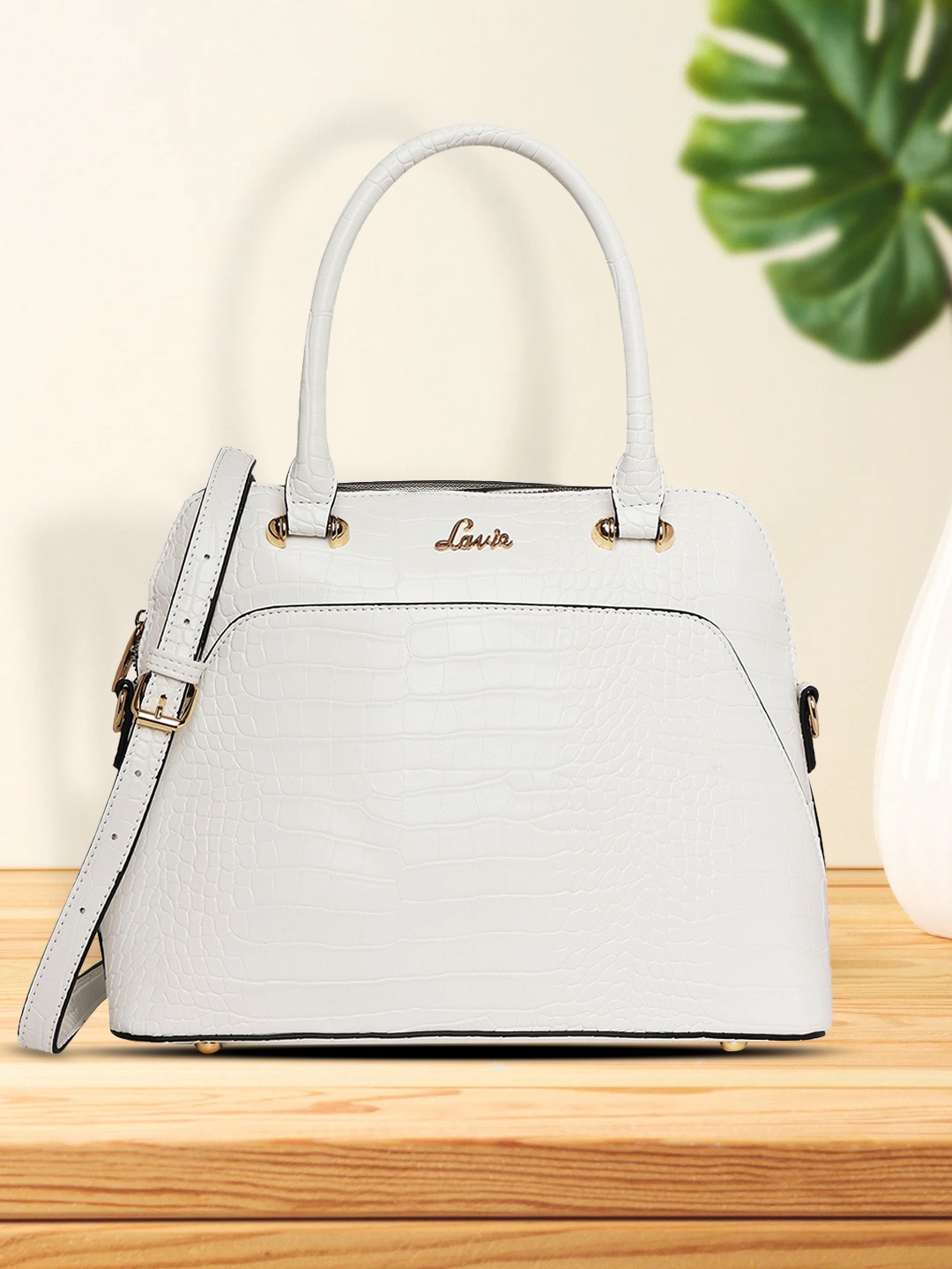 

Lavie Glossy Valle Women Dome White Animal Textured Structured Medium Satchel Bag