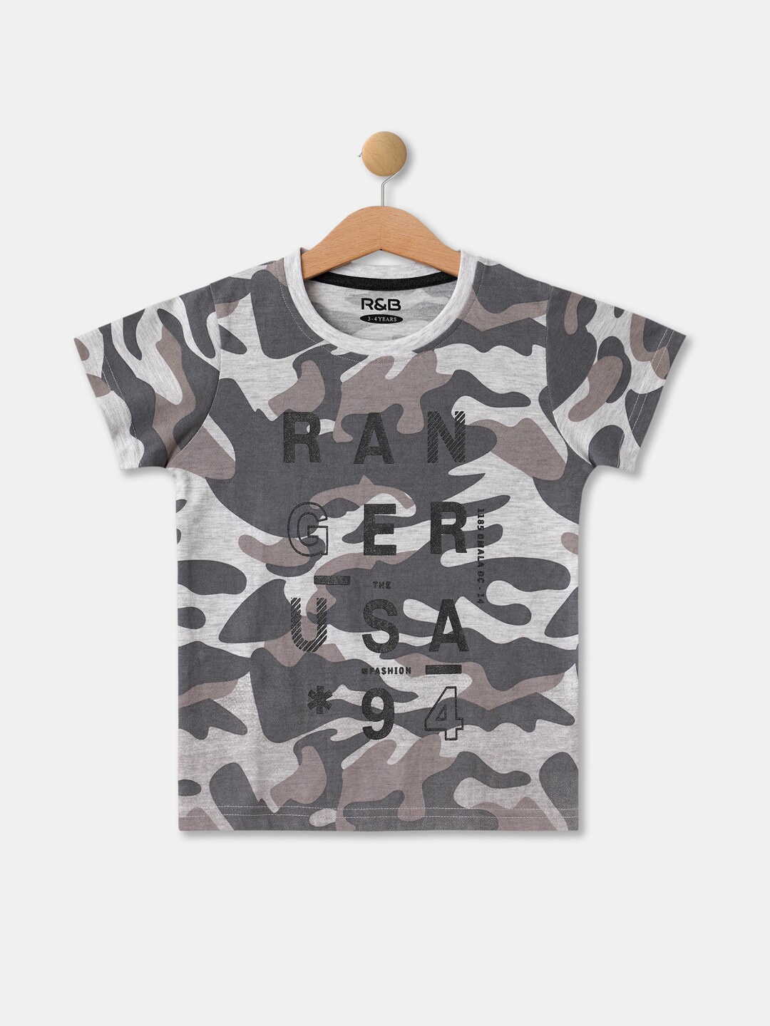 

R&B Boys Grey Camouflage Printed Applique T-shirt