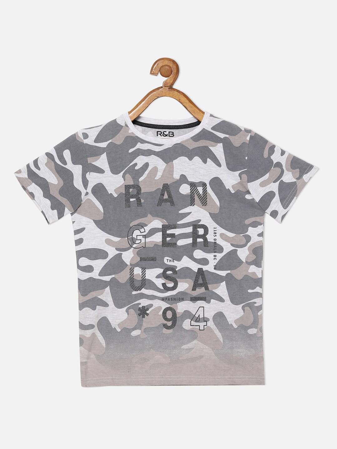 

R&B Boys Grey Camouflage Printed Henley Neck Applique T-shirt