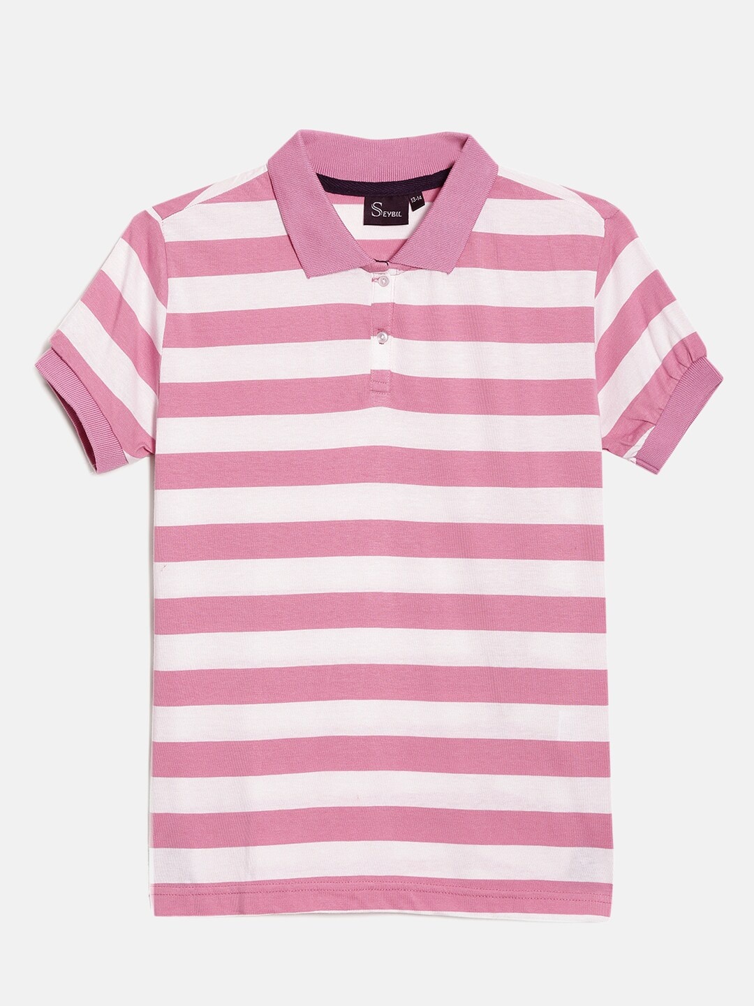 

SEYBIL Girls Pink & charm pink Striped Polo Collar Slim Fit T-shirt