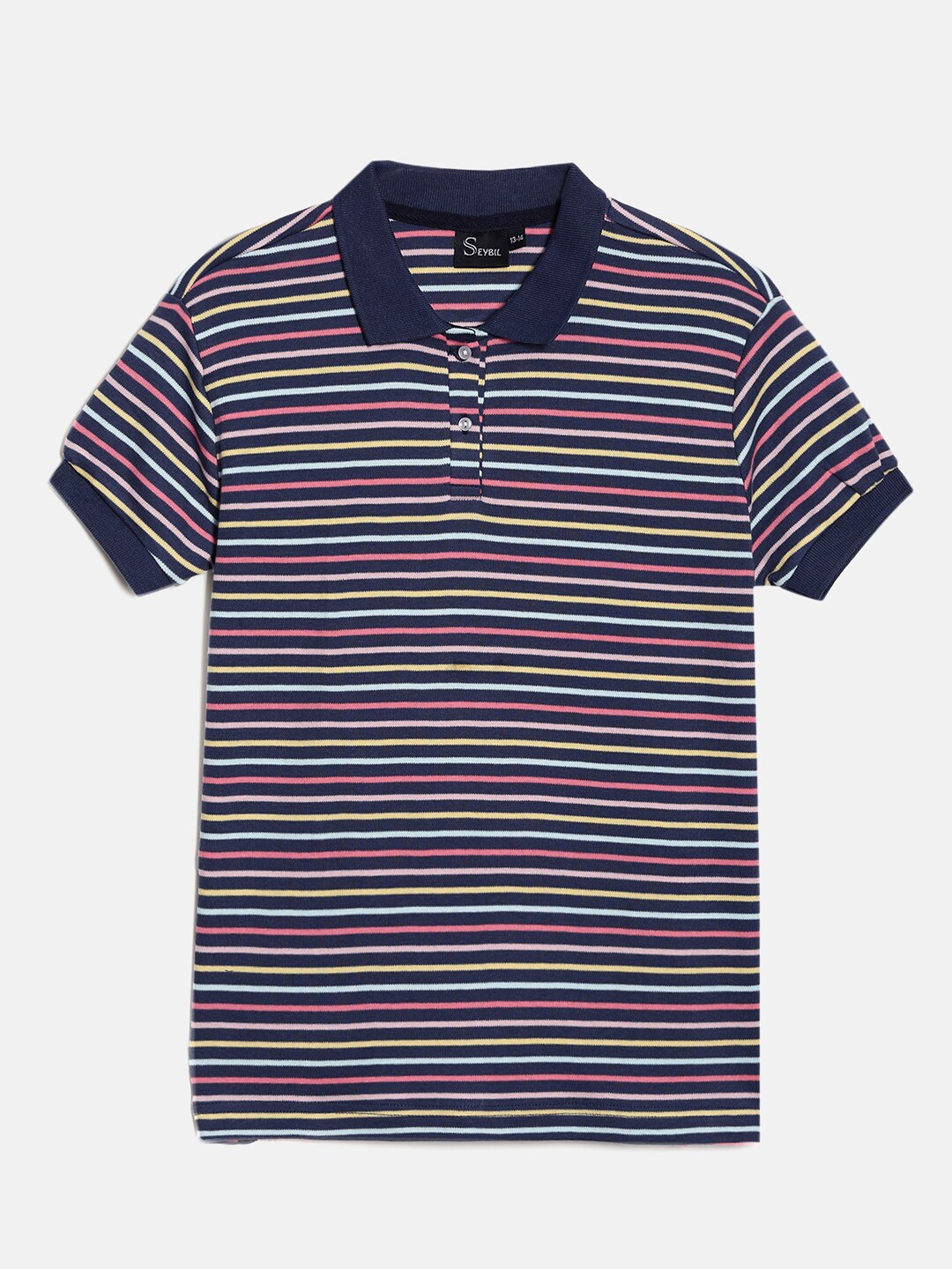 

SEYBIL Girls Navy Blue & medieval blue Striped Polo Collar Slim Fit T-shirt