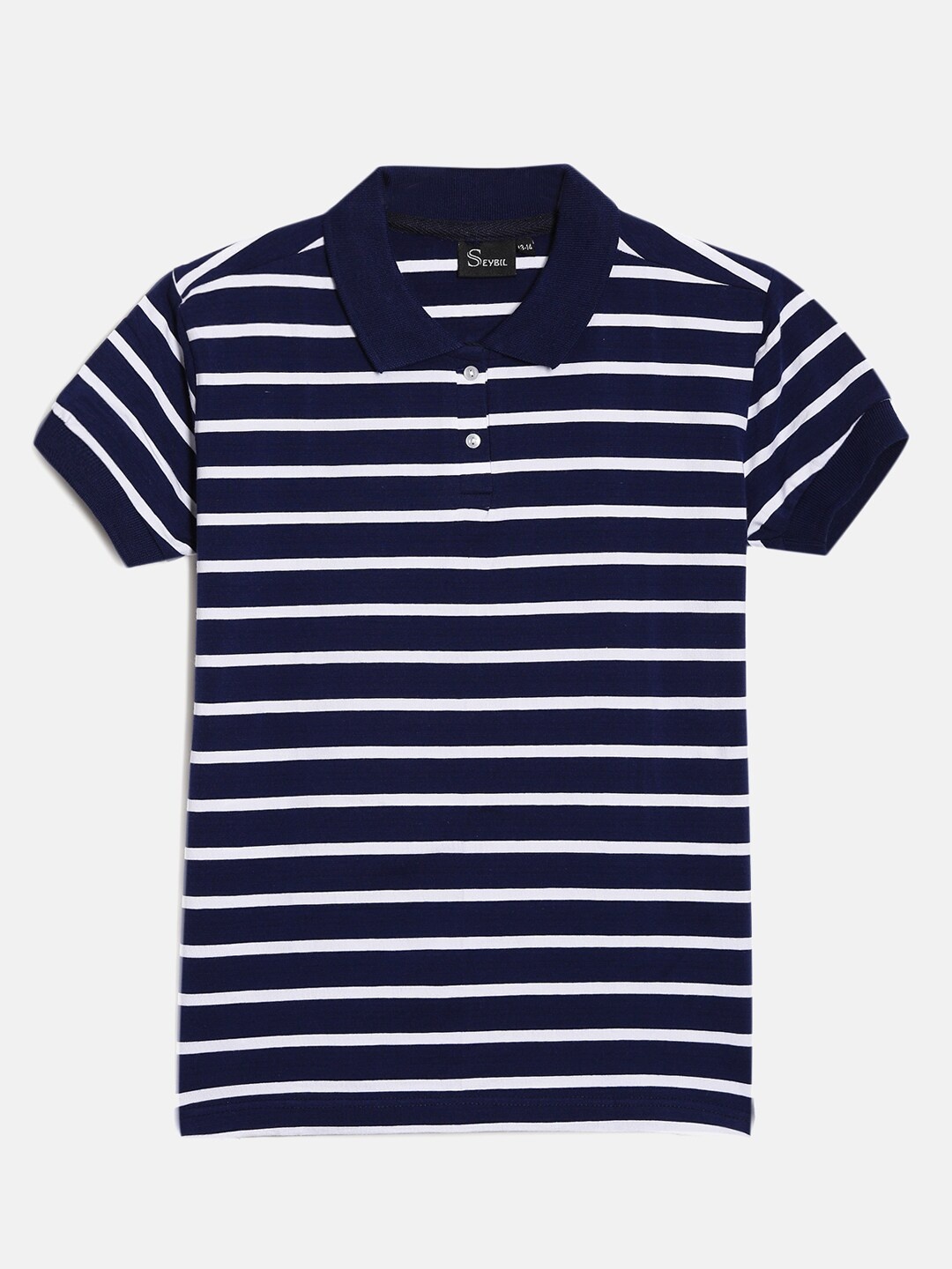 

SEYBIL Girls Navy Blue & blue Striped Polo Collar Slim Fit T-shirt