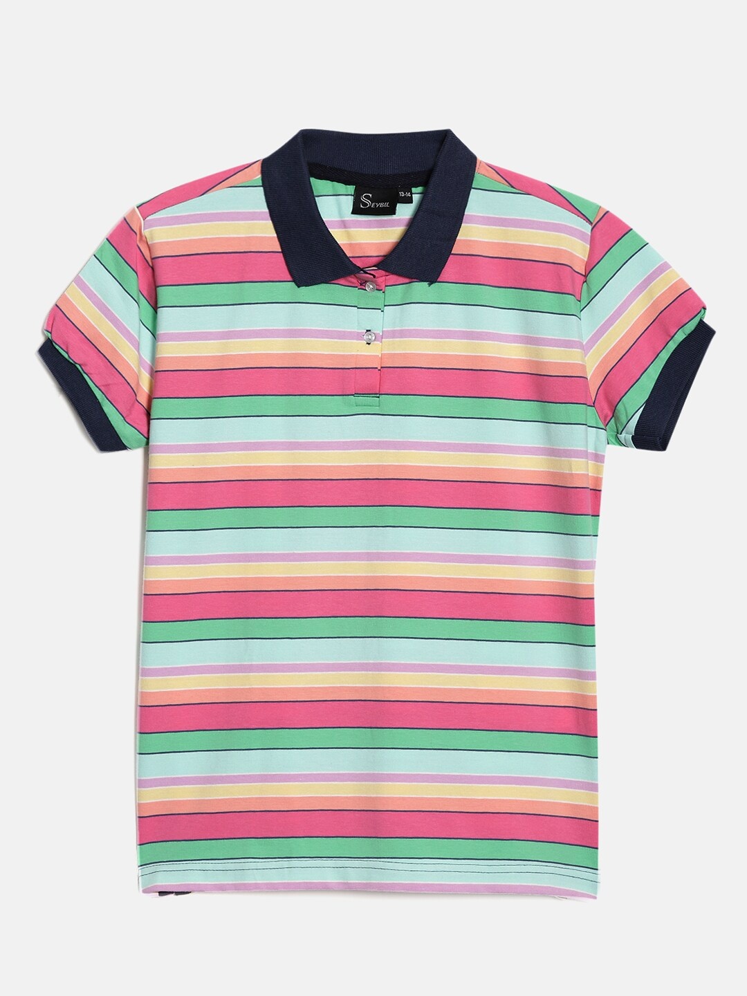 

SEYBIL Girls Pink & dark sapphire Striped Polo Collar Slim Fit T-shirt