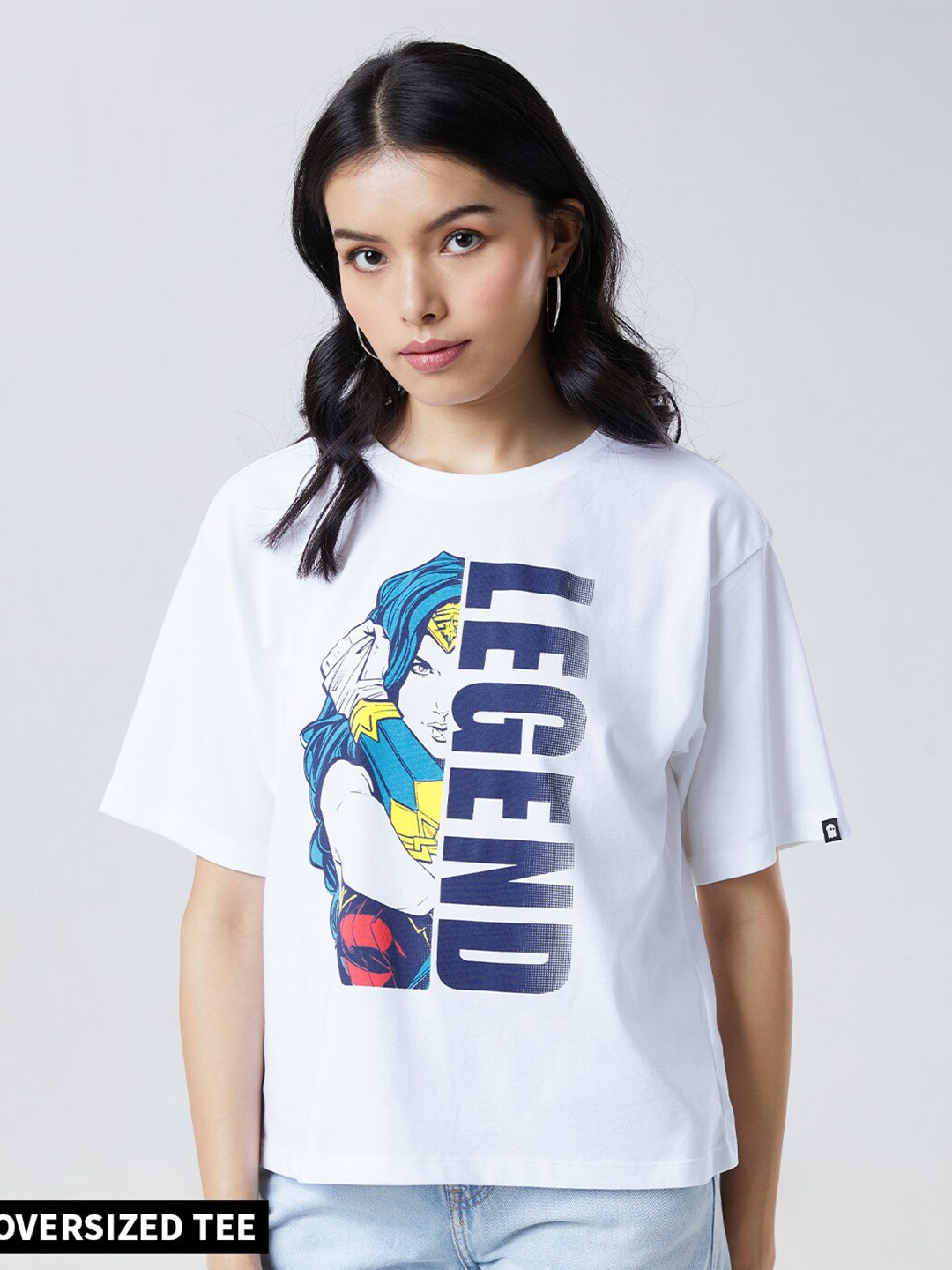 

The Souled Store Women White Wonder Woman Printed Oversized T-shirt