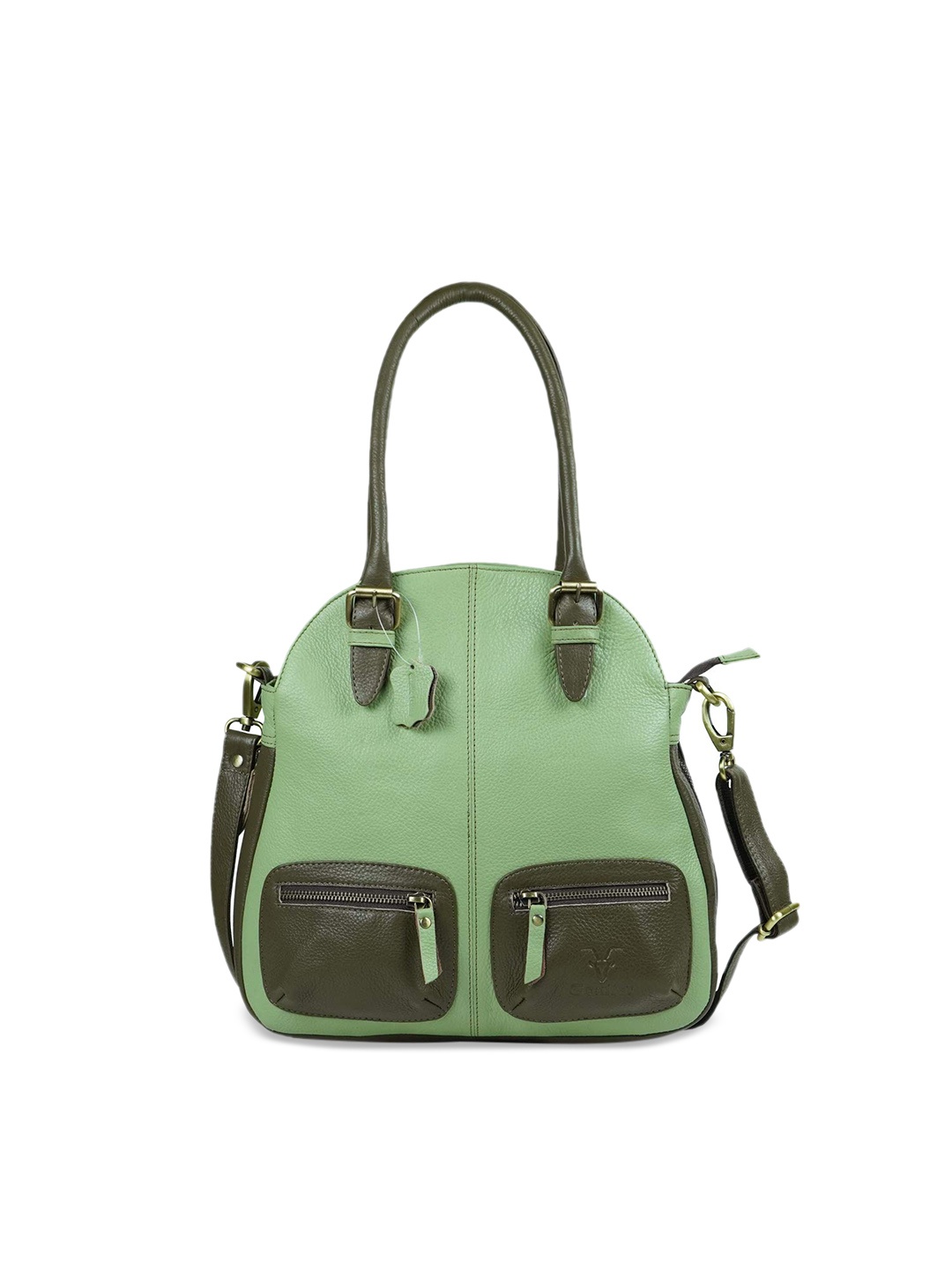 

Goatter Green Leather Structured Handheld Bag with Applique