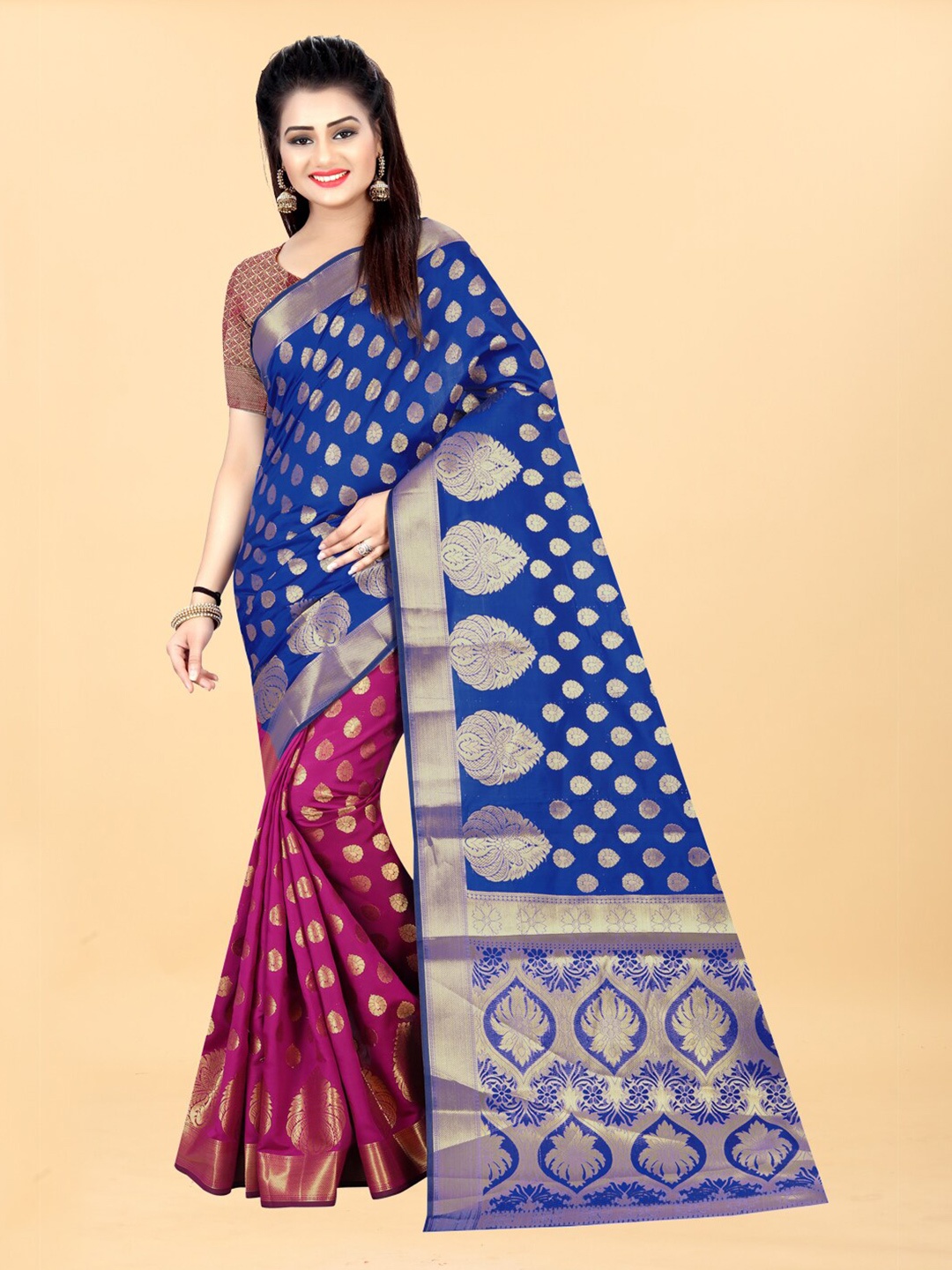 

Hinayat Fashion Pink & Blue Ethnic Motifs Zari Silk Blend Banarasi Saree