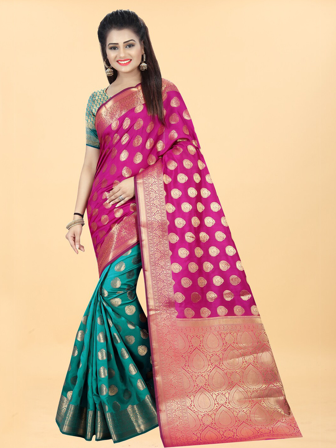 

Hinayat Fashion Green & Pink Woven Design Zari Silk Blend Banarasi Saree