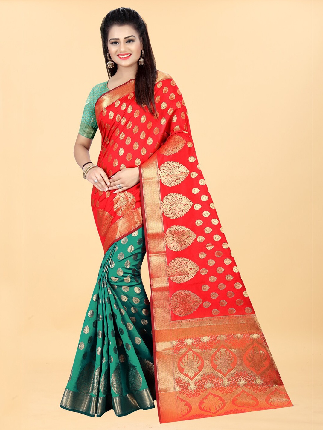 

Hinayat Fashion Green & Orange Woven Design Zari Silk Blend Banarasi Saree