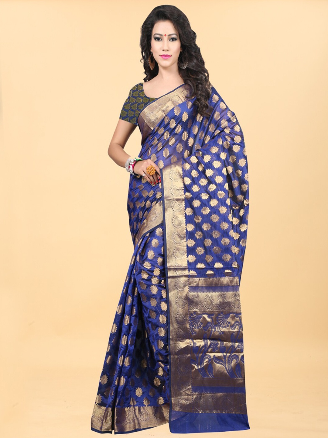 

Hinayat Fashion Blue & Gold-Toned Woven Design Zari Silk Blend Banarasi Saree