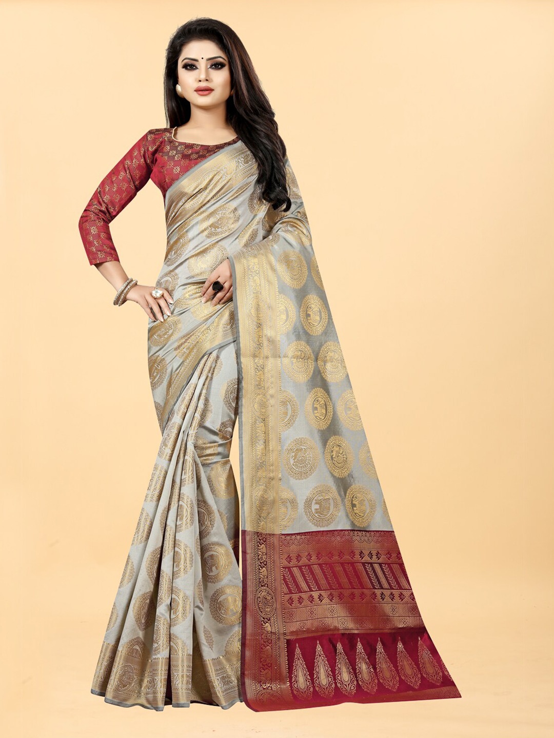 

Hinayat Fashion Grey & Maroon Woven Design Zari Silk Blend Banarasi Saree
