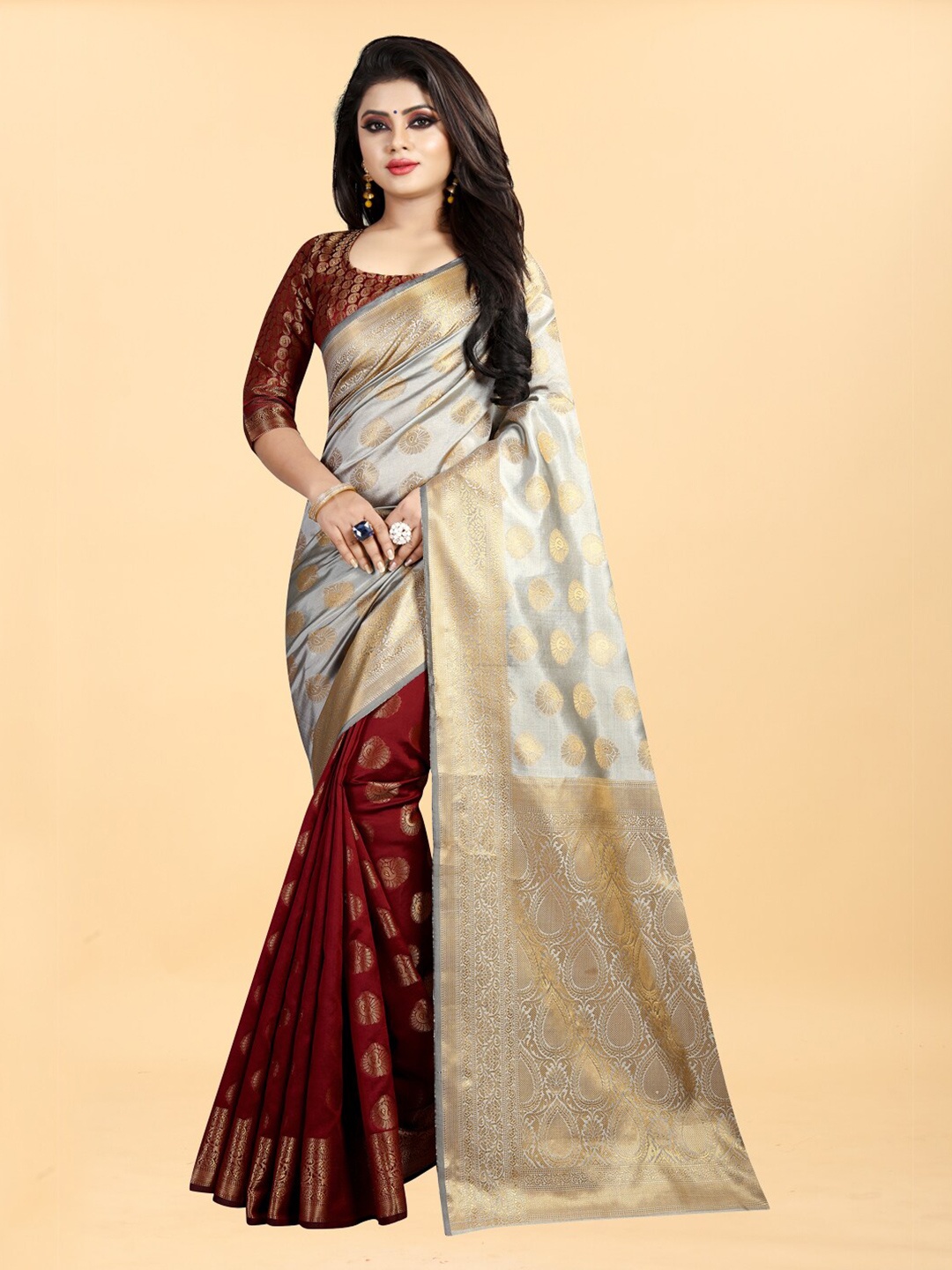

Hinayat Fashion Maroon & Grey Woven Design Zari Silk Blend Banarasi Saree