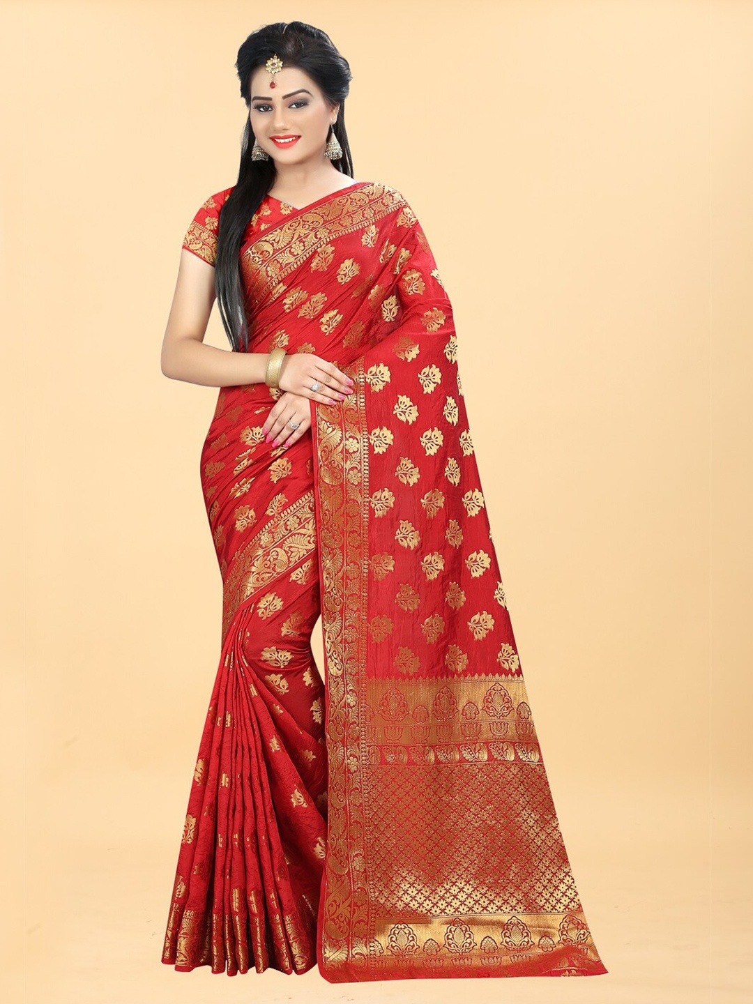 

Hinayat Fashion Red & Gold-Toned Woven Design Zari Silk Blend Banarasi Saree