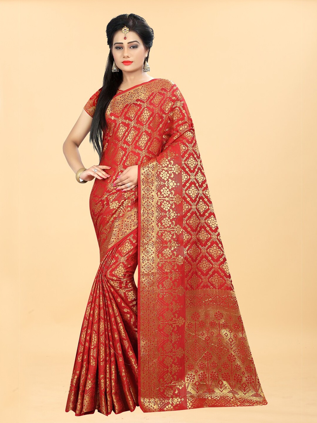 

Hinayat Fashion Red & Gold-Toned Woven Design Zari Silk Blend Banarasi Saree