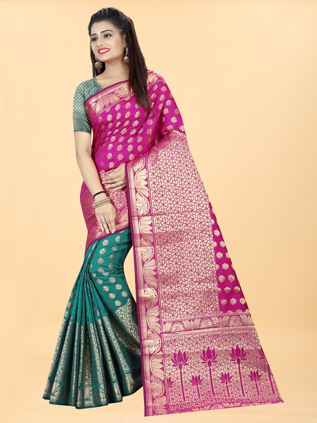 

Hinayat Fashion Green & Pink Woven Design Zari Silk Blend Banarasi Saree