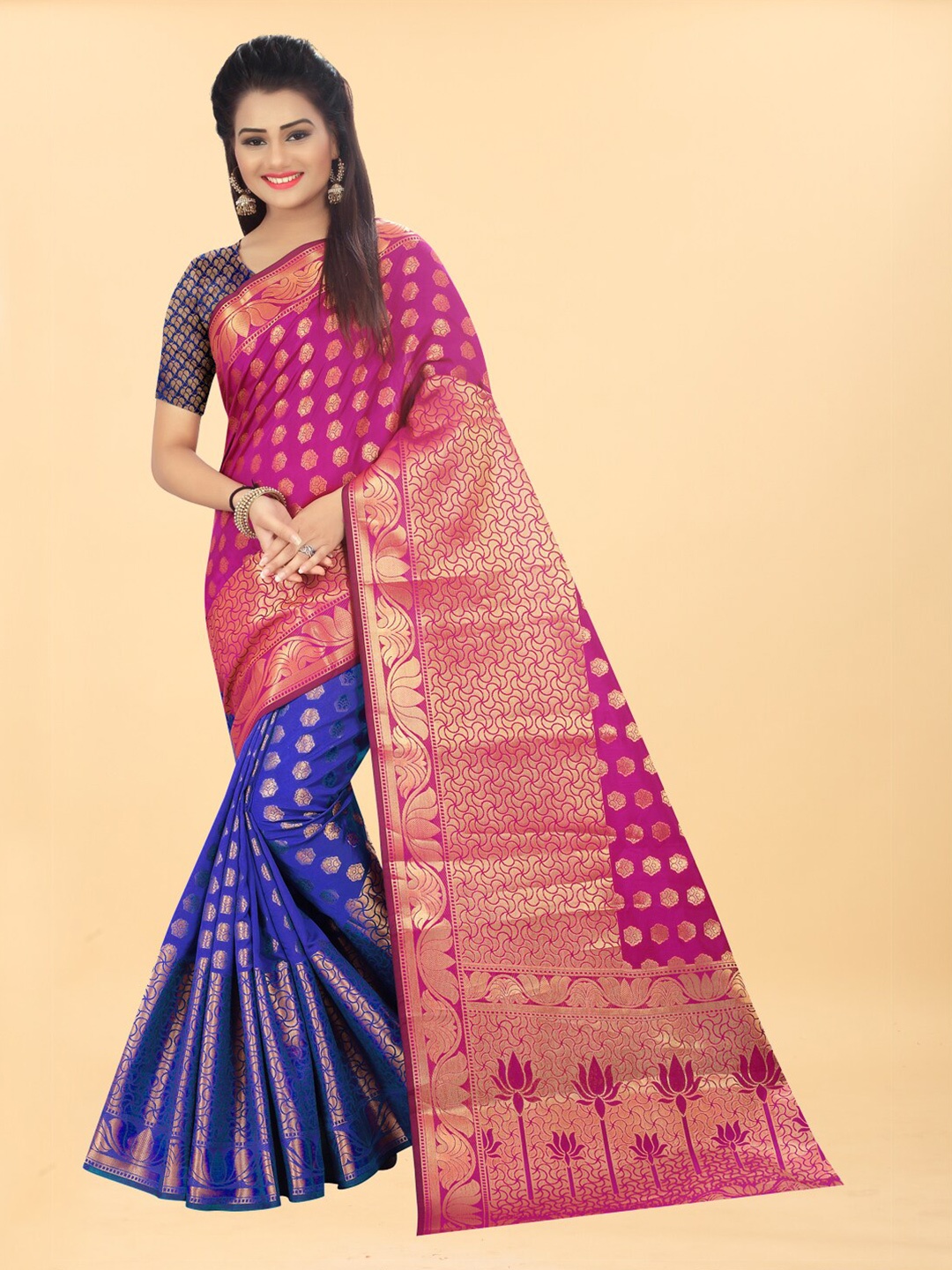 

Hinayat Fashion Blue & Pink Woven Design Zari Silk Blend Banarasi Saree