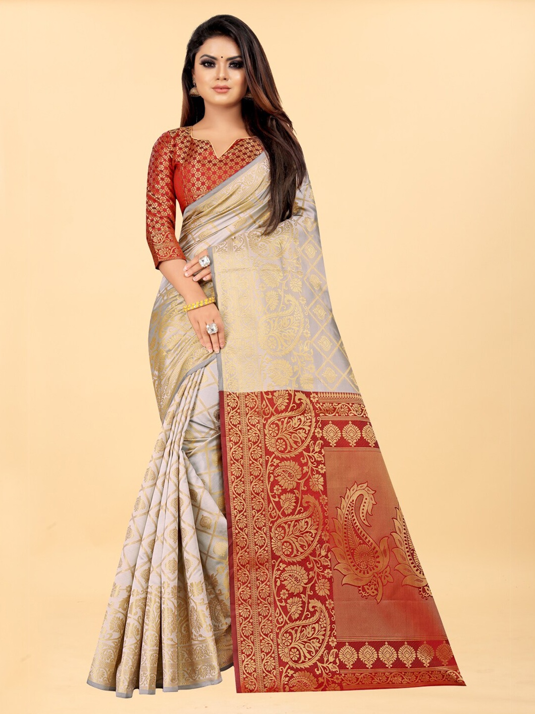 

Hinayat Fashion Grey & Red Woven Design Zari Silk Blend Banarasi Saree