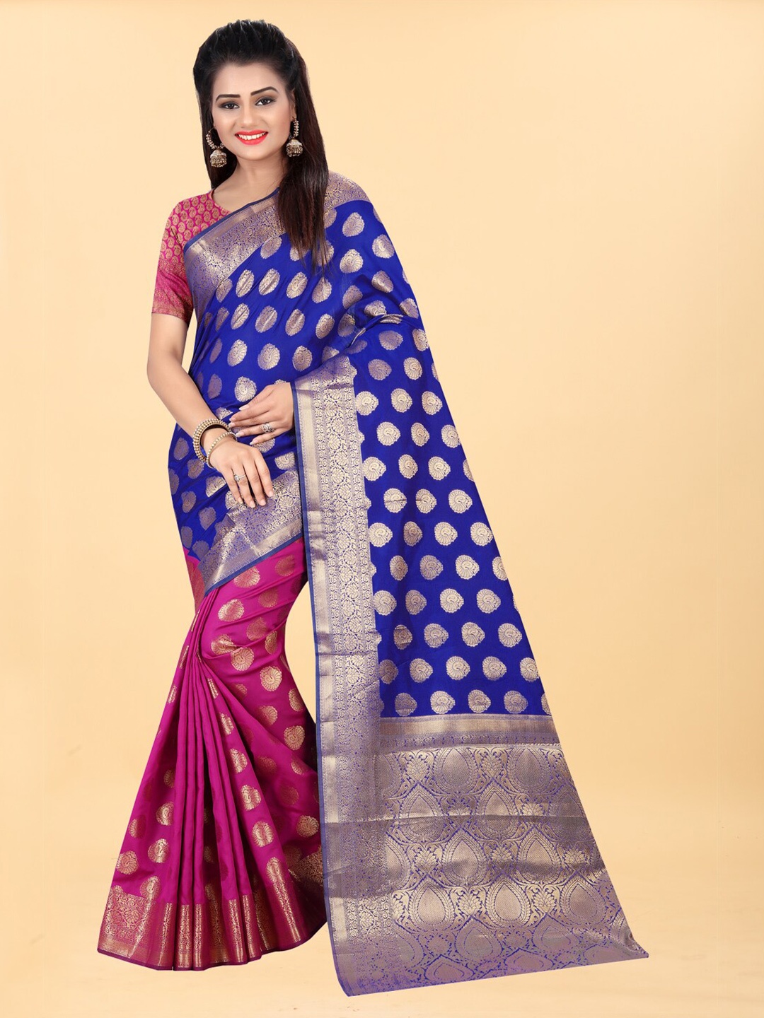 

Hinayat Fashion Pink & Purple Woven Design Zari Silk Blend Banarasi Saree