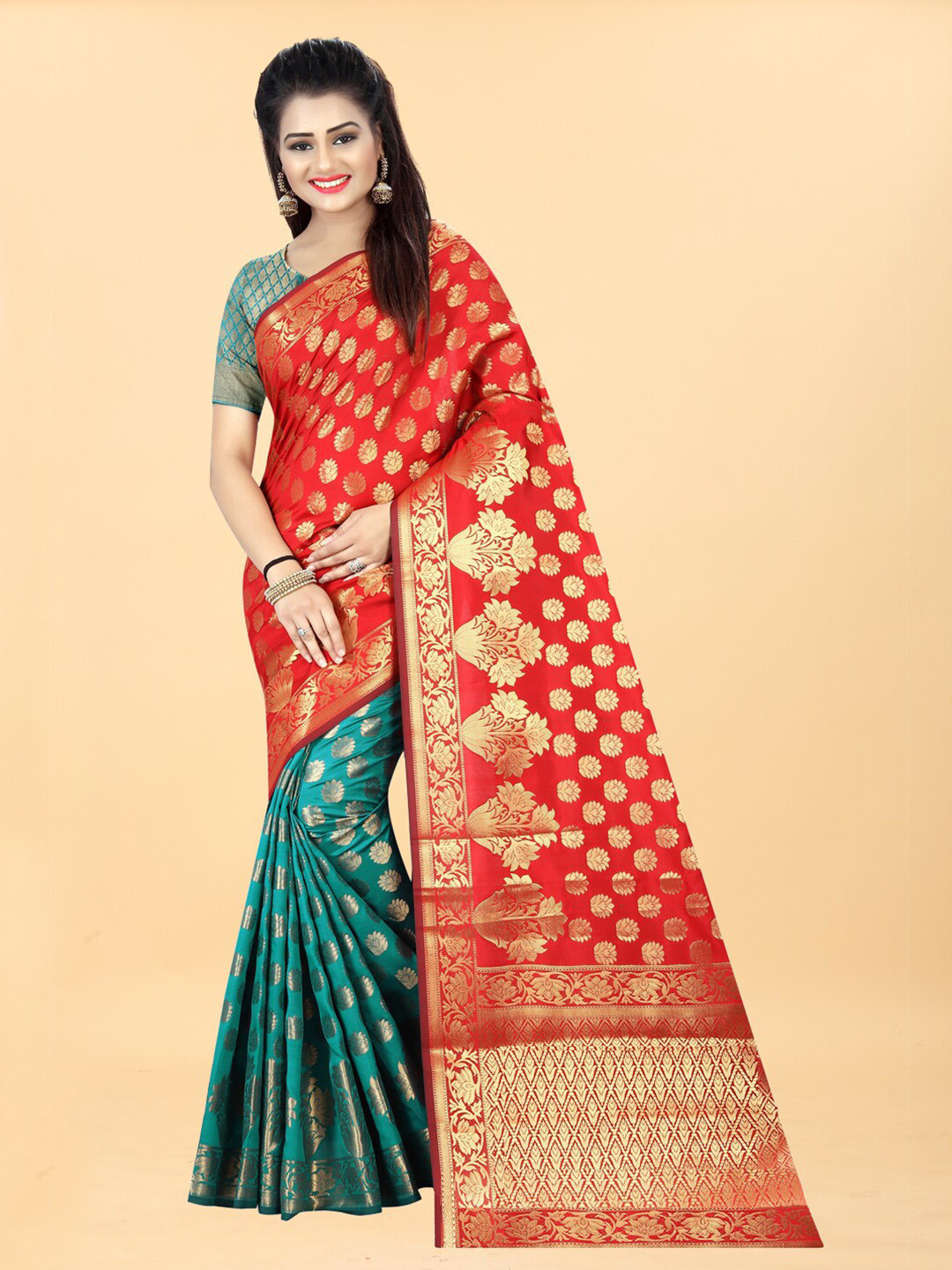 

Hinayat Fashion Green & Orange Woven Design Zari Silk Blend Banarasi Saree