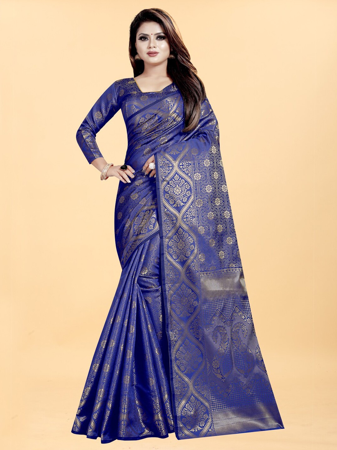 

Hinayat Fashion Blue & Gold-Toned Woven Design Zari Silk Blend Banarasi Saree