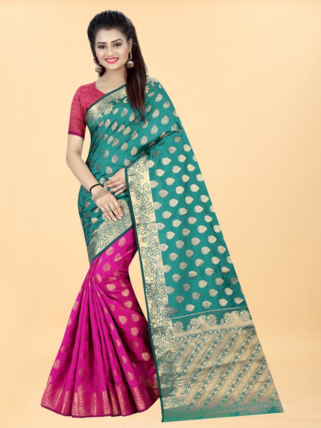 

Hinayat Fashion Pink & Turquoise Blue Woven Design Zari Silk Blend Banarasi Saree