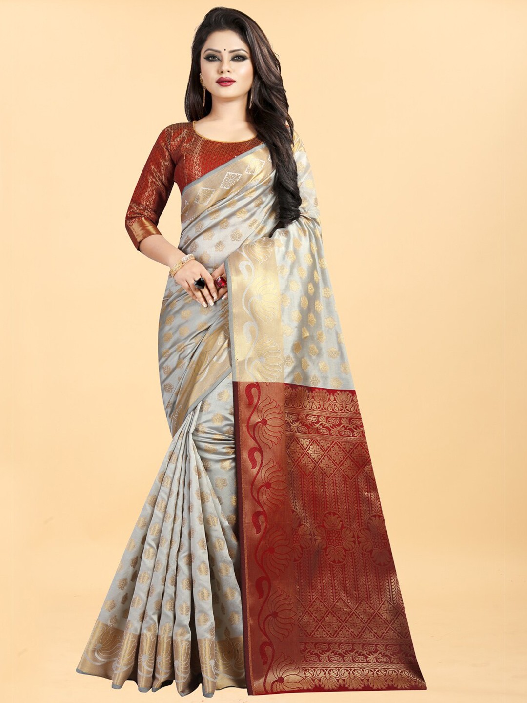 

Hinayat Fashion Grey & Brown Woven Design Zari Silk Blend Banarasi Saree