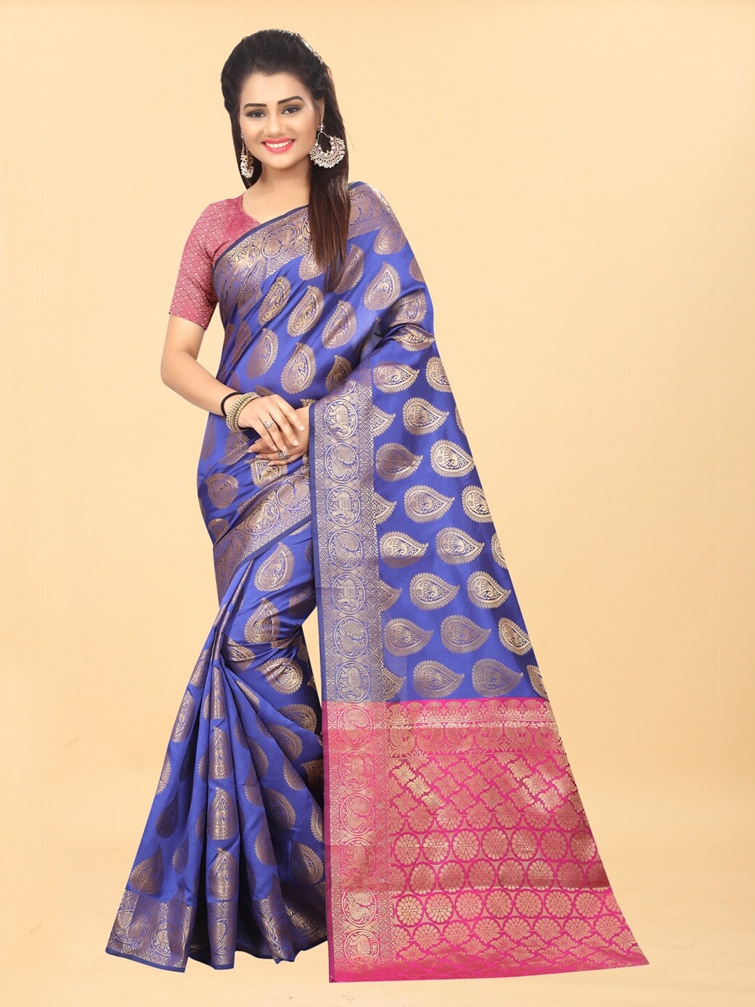 

Hinayat Fashion Blue & Pink Woven Design Zari Silk Blend Banarasi Saree