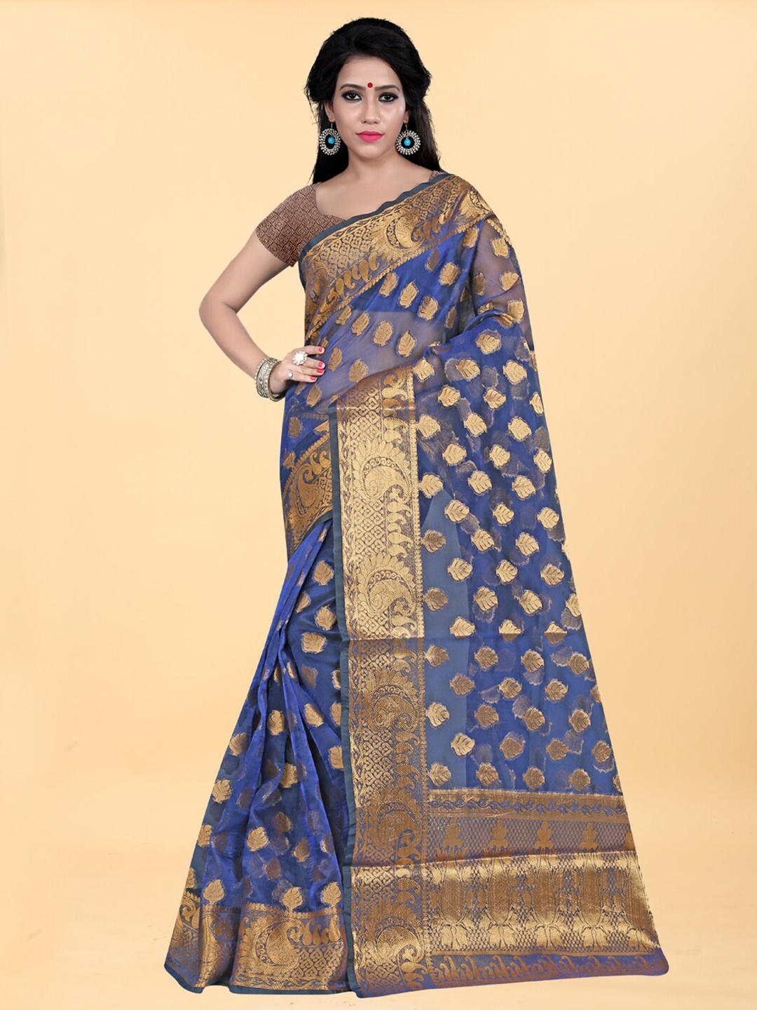 

Hinayat Fashion Blue & Gold-Toned Woven Design Zari Silk Blend Banarasi Saree