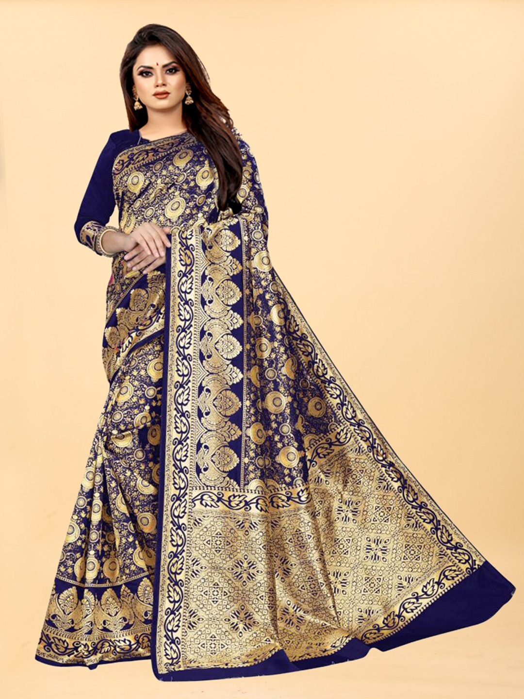 

Hinayat Fashion Blue & Gold-Toned Woven Design Zari Silk Blend Banarasi Saree