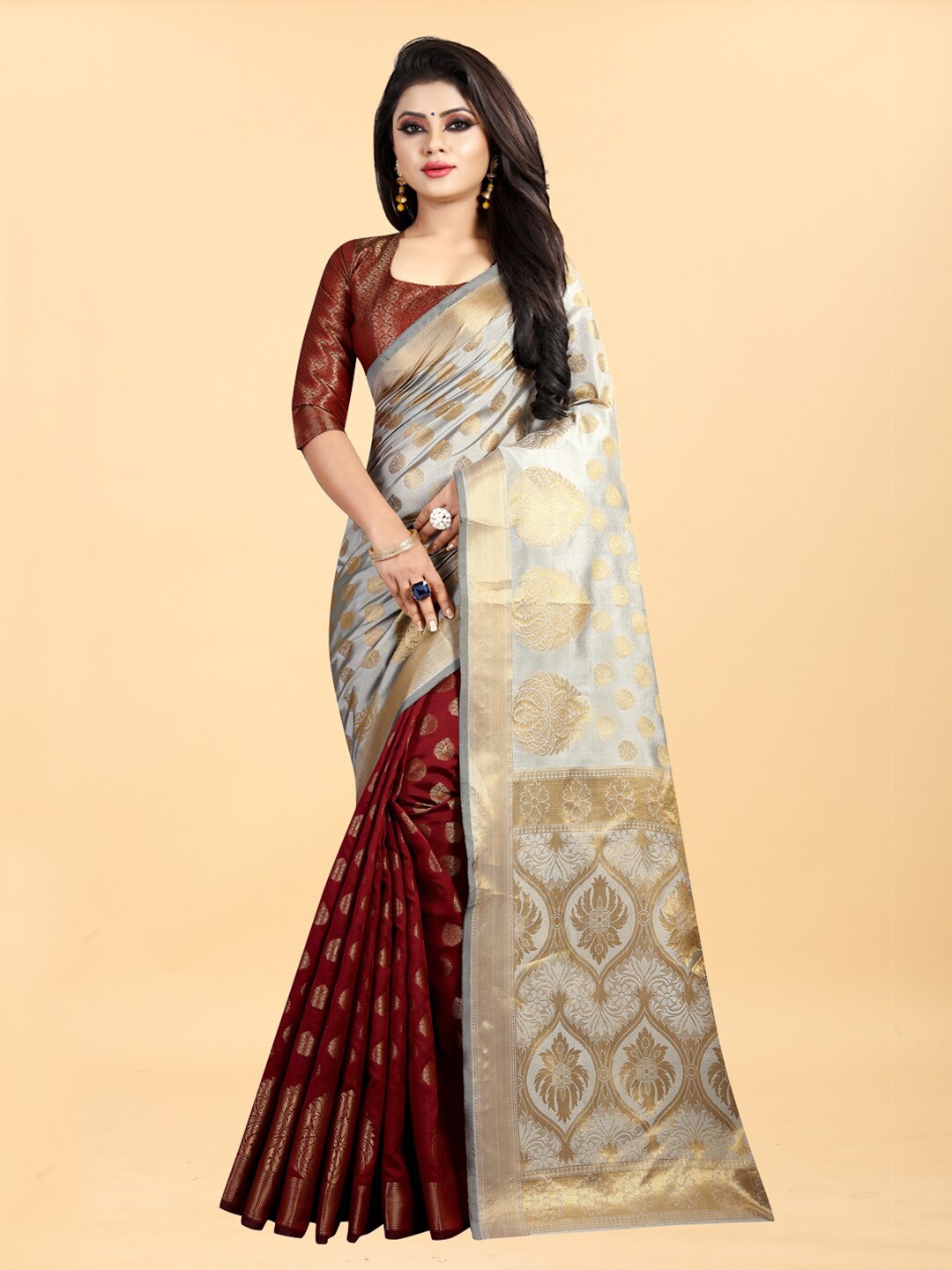 

Hinayat Fashion Maroon & Grey Ethnic Motifs Zari Silk Blend Banarasi Saree