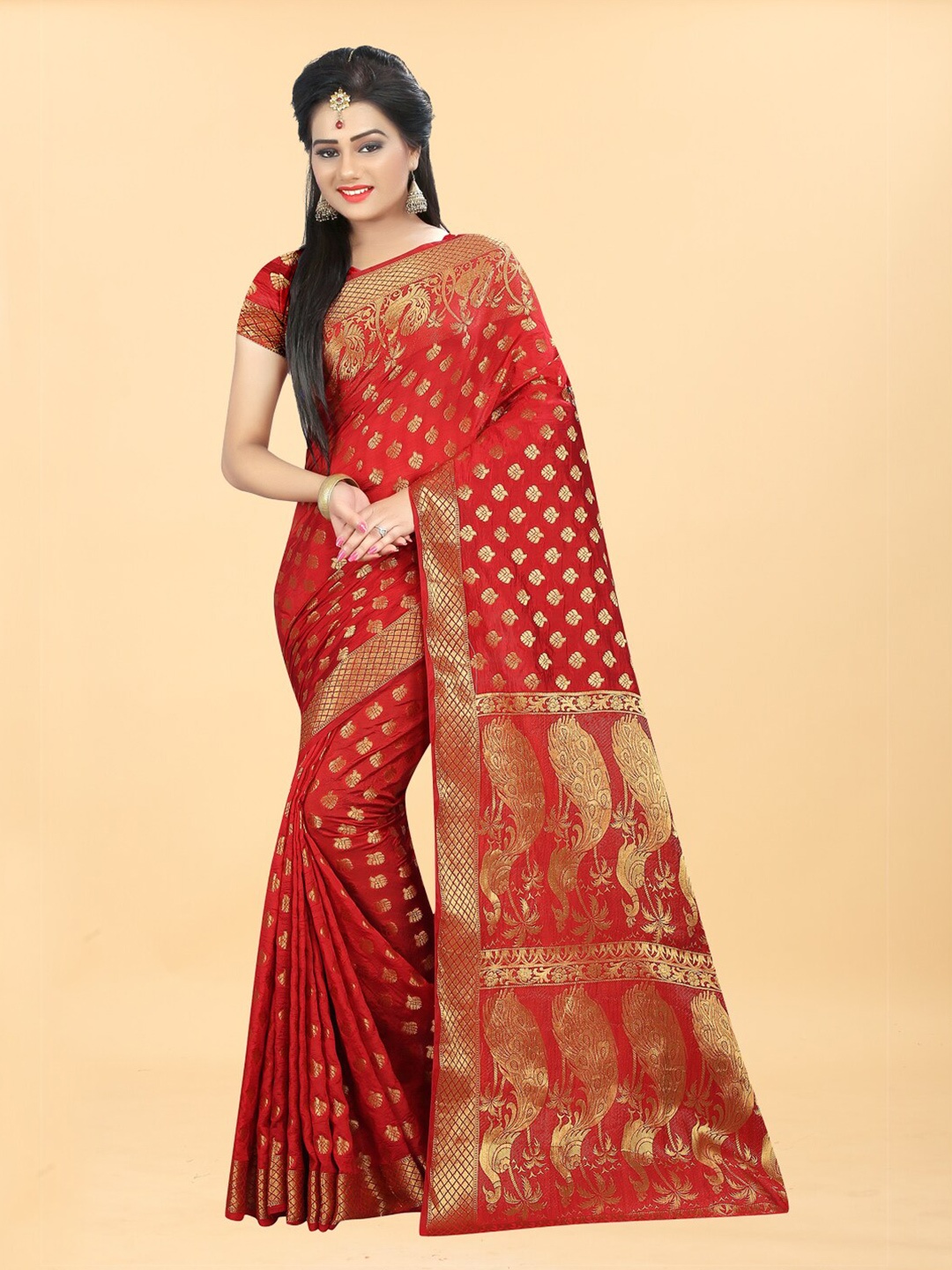 

Hinayat Fashion Red & Gold-Toned Woven Design Zari Silk Blend Banarasi Saree