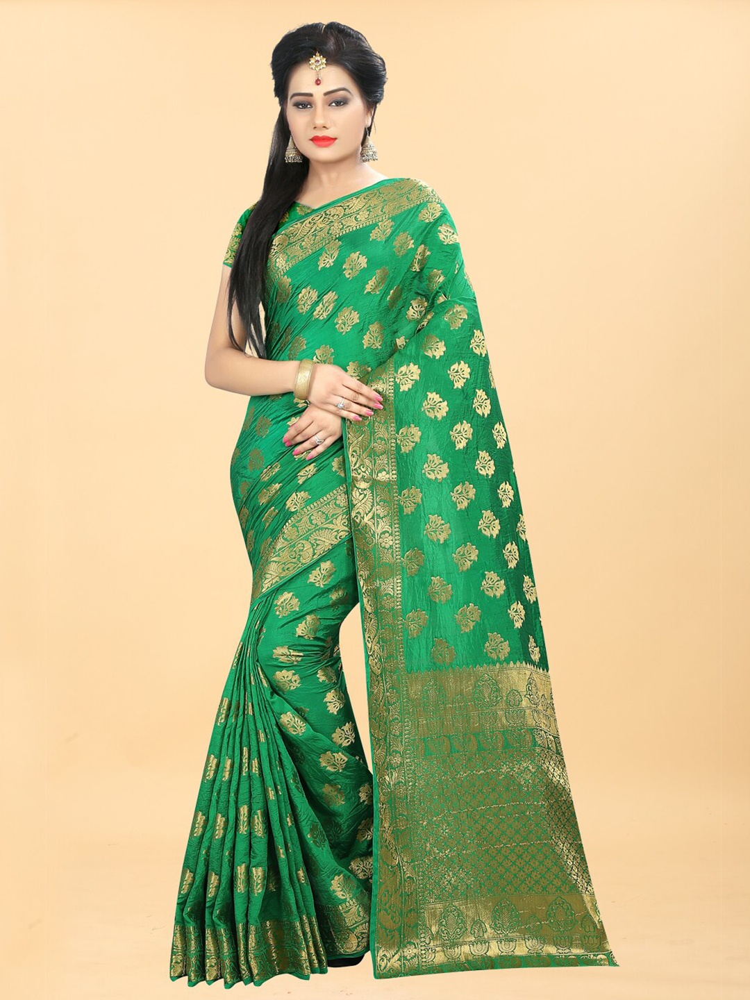 

Hinayat Fashion Green & Gold-Toned Woven Design Zari Silk Blend Banarasi Saree