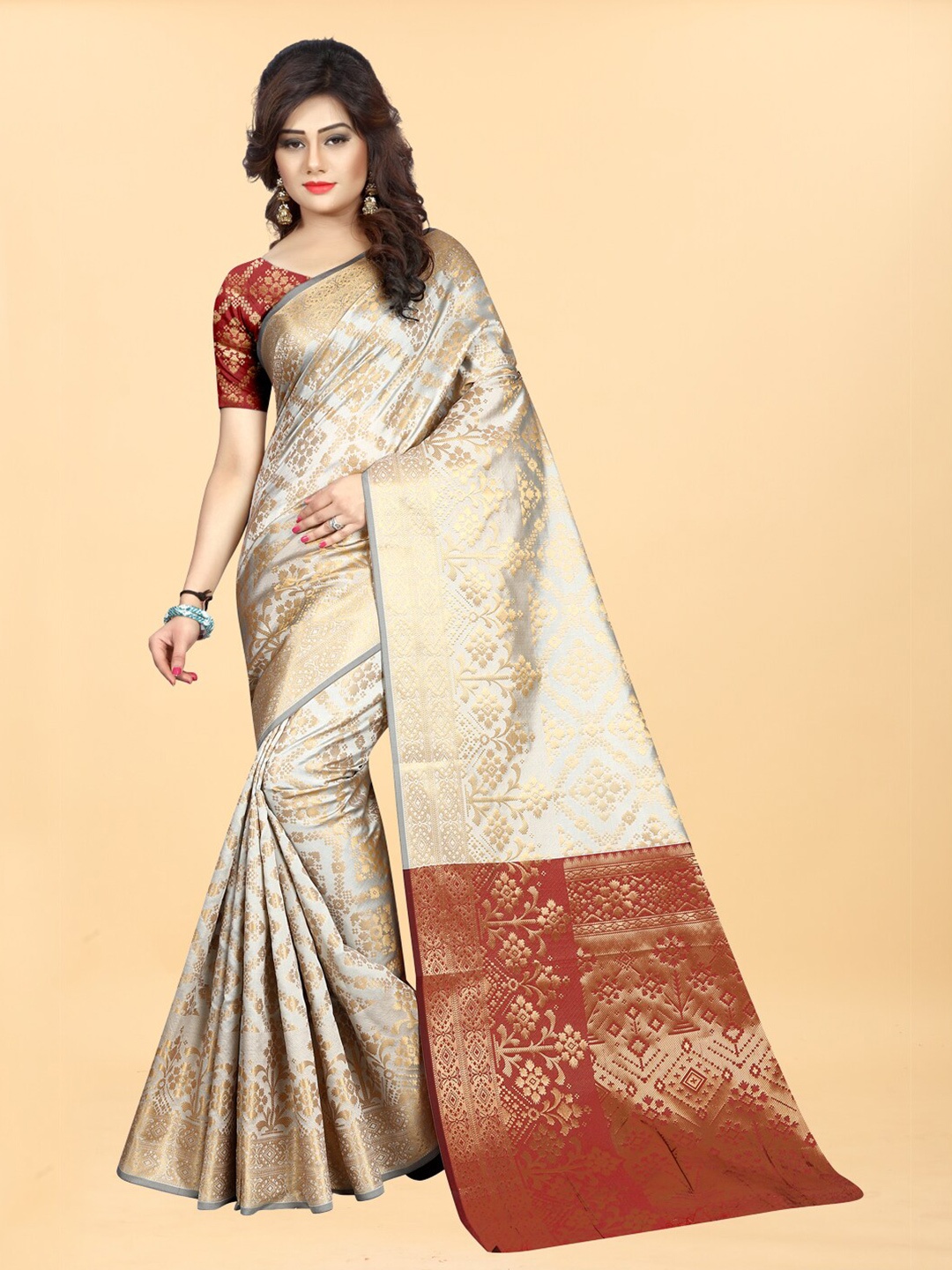 

Hinayat Fashion Grey & Red Woven Design Zari Silk Blend Banarasi Saree