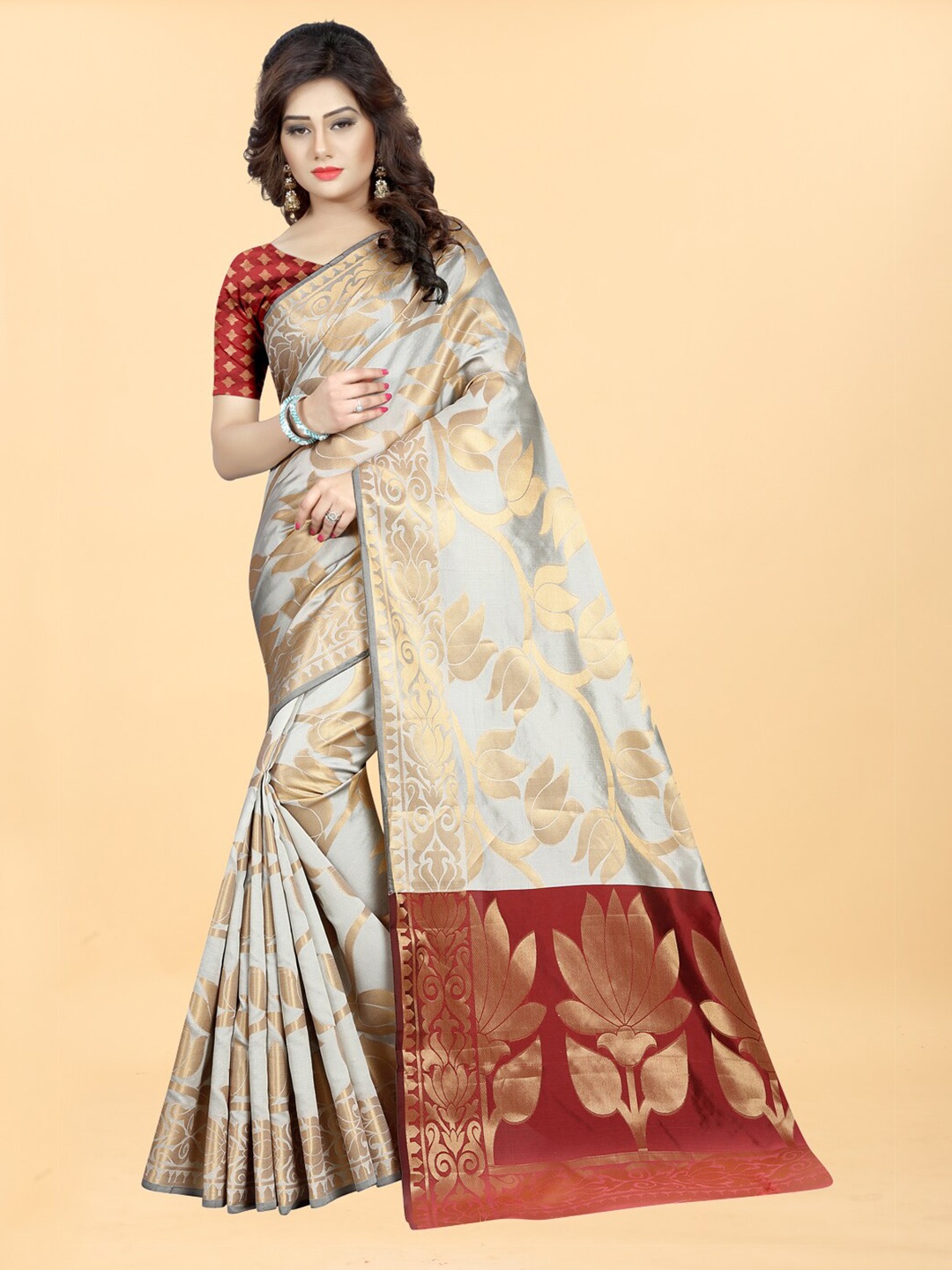 

Hinayat Fashion Grey & Maroon Woven Design Zari Silk Blend Banarasi Saree