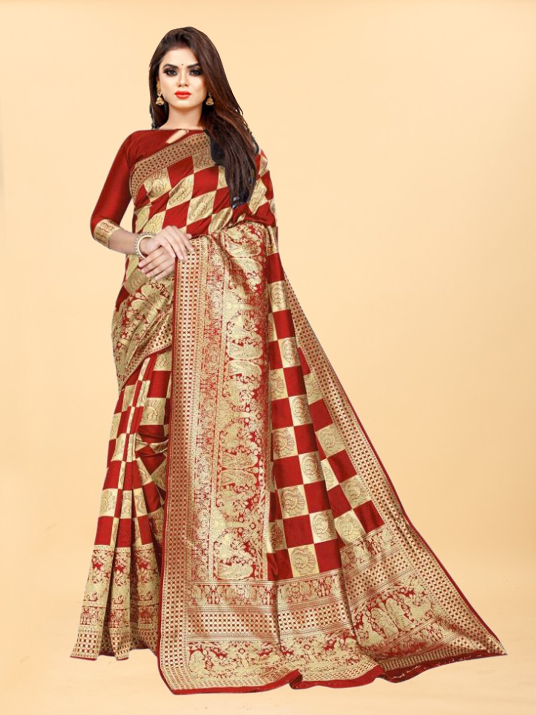 

Hinayat Fashion Red & Gold-Toned Woven Design Zari Silk Blend Banarasi Saree