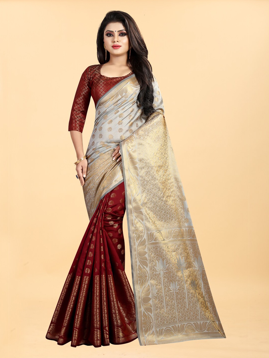 

Hinayat Fashion Maroon & Grey Woven Design Zari Silk Blend Banarasi Saree