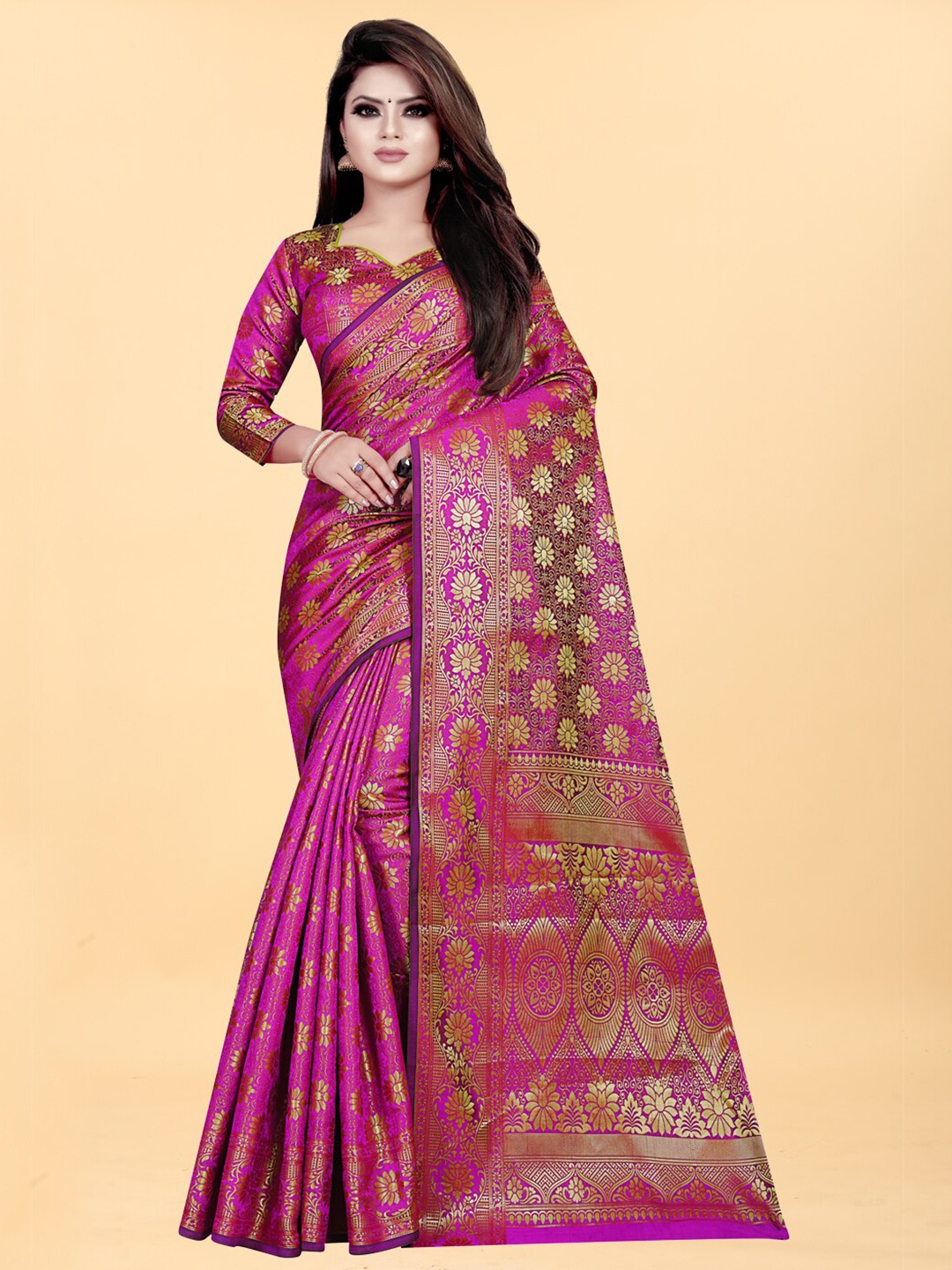 

Hinayat Fashion Pink & Gold-Toned Woven Design Zari Silk Blend Banarasi Saree