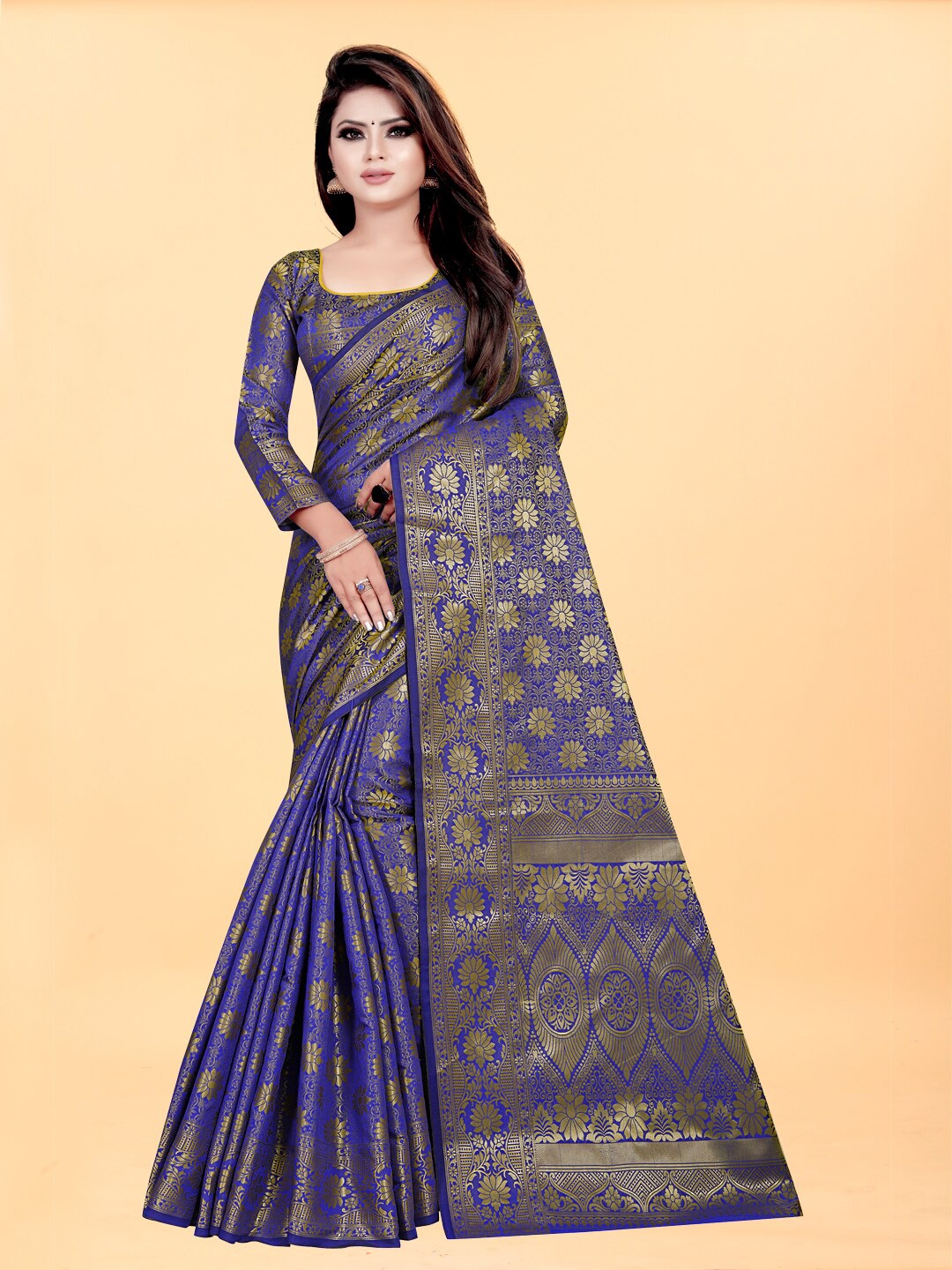 

Hinayat Fashion Blue & Gold-Toned Ethnic Motifs Zari Silk Blend Banarasi Saree