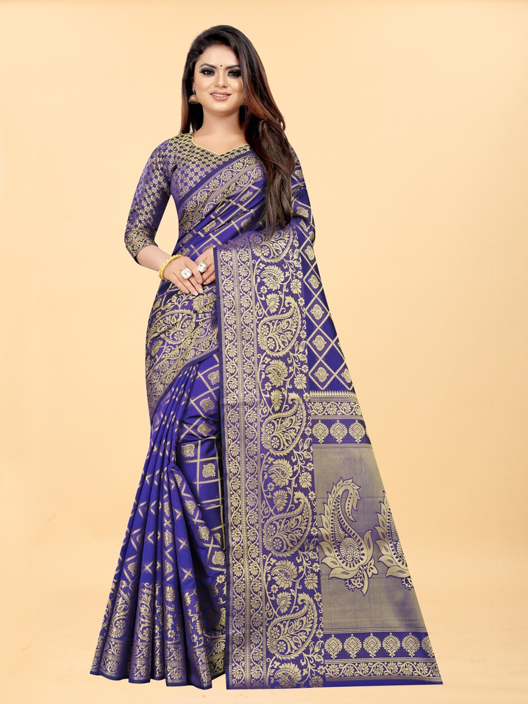 

Hinayat Fashion Blue & Gold-Toned Woven Design Zari Silk Blend Banarasi Saree