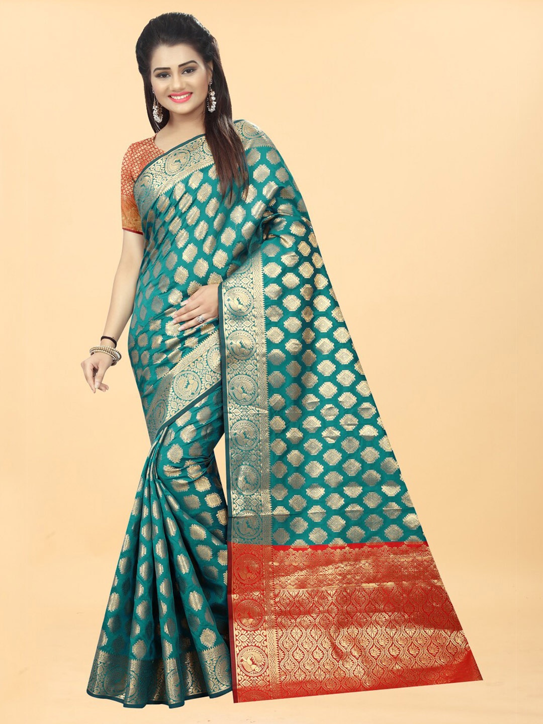 

Hinayat Fashion Green & Red Woven Design Zari Silk Blend Banarasi Saree